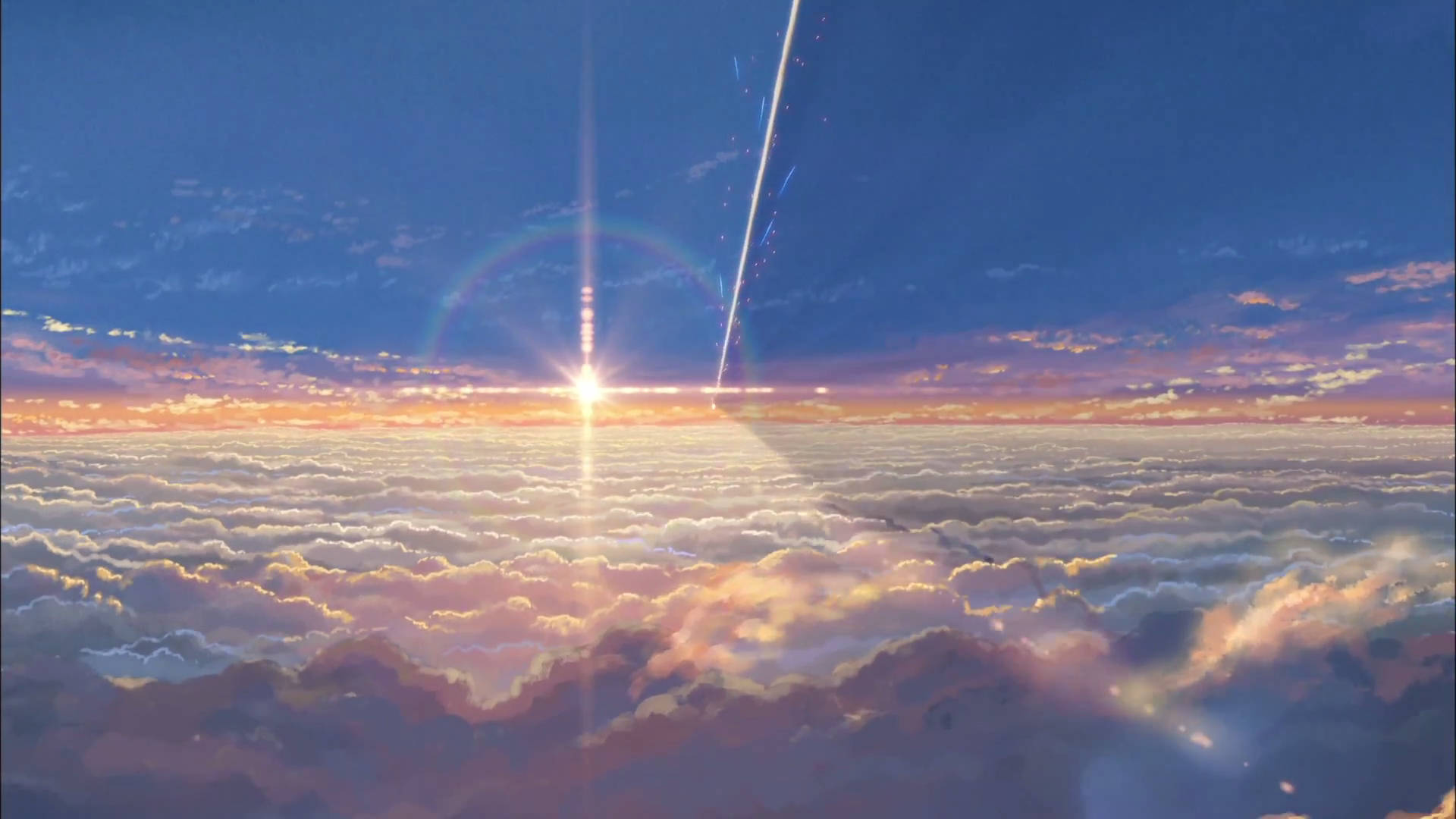你的名字高空之景 壁紙 — 燦爛的日出穿透蓬鬆的雲海，將金色光芒和發光的條紋灑向廣闊的天空。