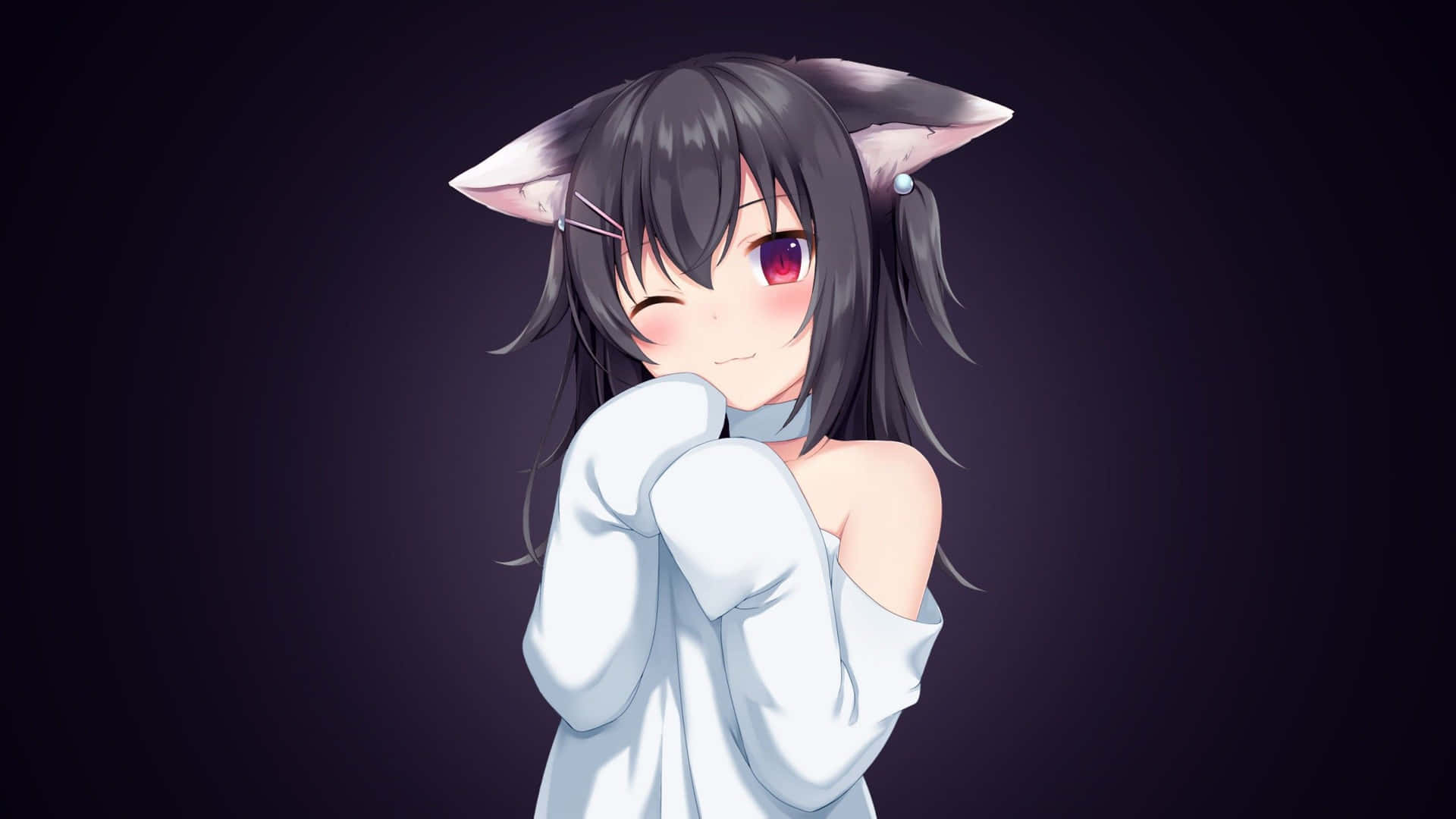 有貓耳朵的動漫女孩穿著白色襯衫擁抱自己並眨眼。