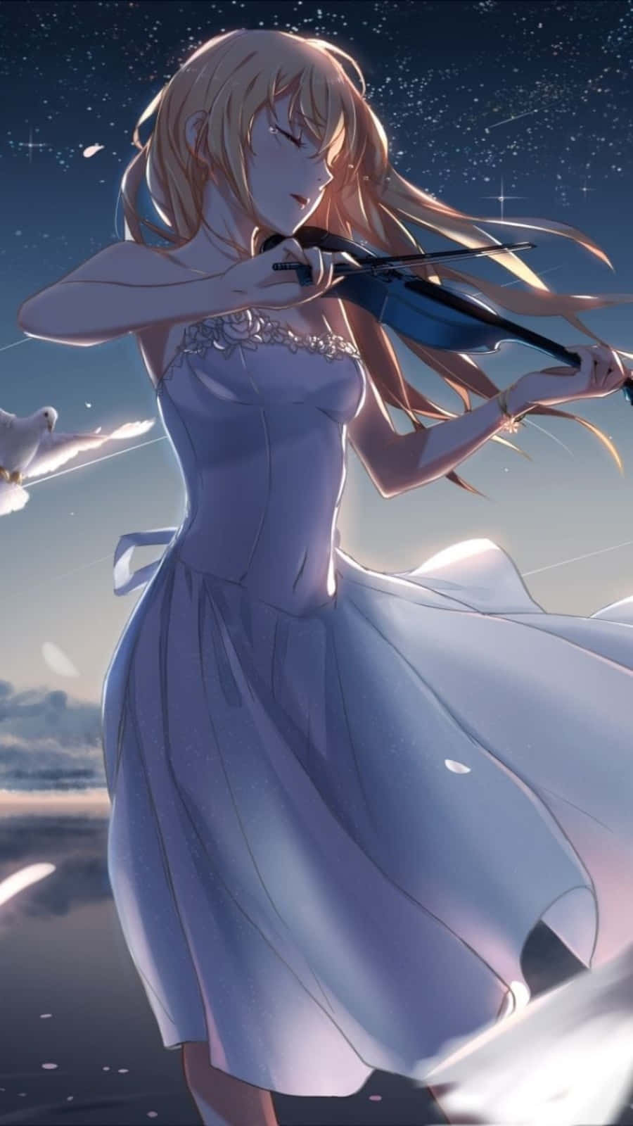 你的謊言我願意 iPhone Kaori Miyazono 演奏小提琴圖 壁紙 — 一位金髮動漫女孩穿著飄逸的白色連衣裙，在繁星點點的夜空下拉小提琴，身旁有一隻鴿子。