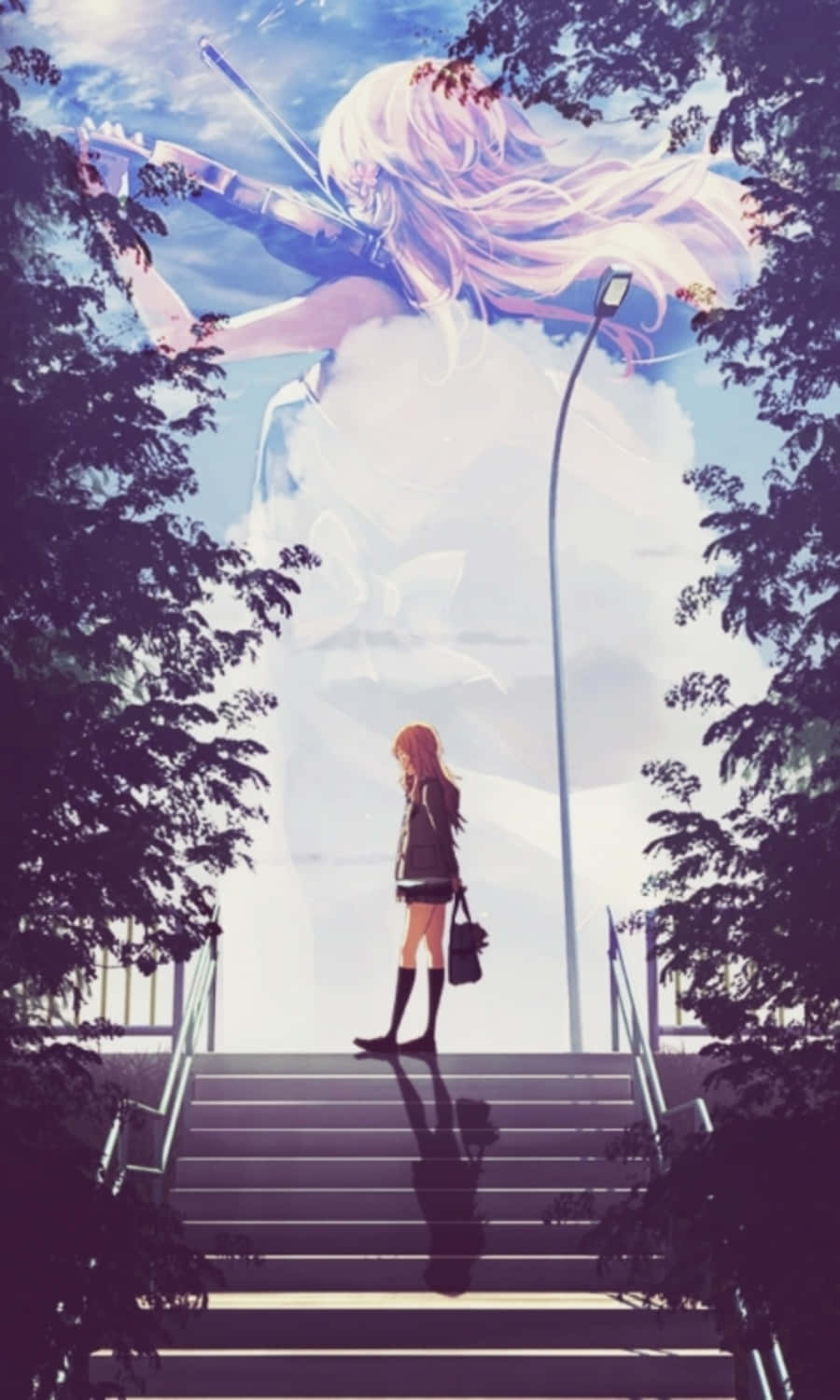 樓梯上的女孩仰望在天空中拉小提琴的巨型動漫女孩。