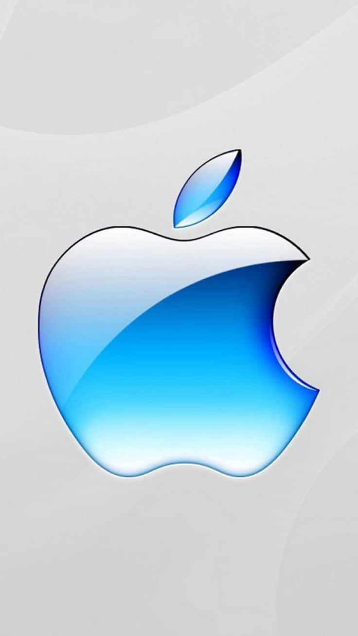 光澤藍色Apple標誌，帶有咬痕和葉子，在淺灰色背景上。