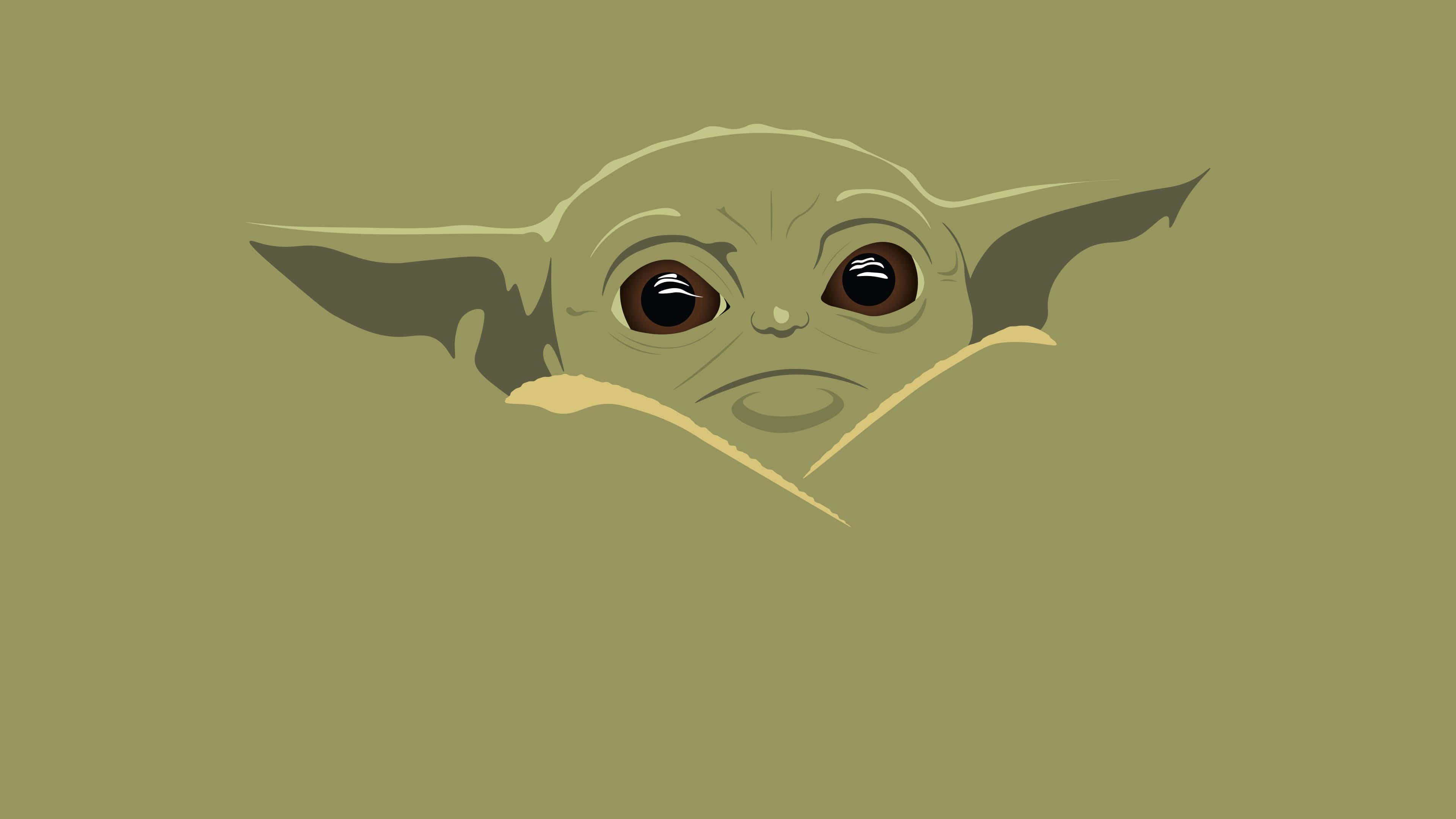 你見過最可愛的Baby Yoda 壁紙 — 一個可愛的綠色尤達寶寶從毛毯後面好奇地探出頭來，背景是純橄欖綠色。
