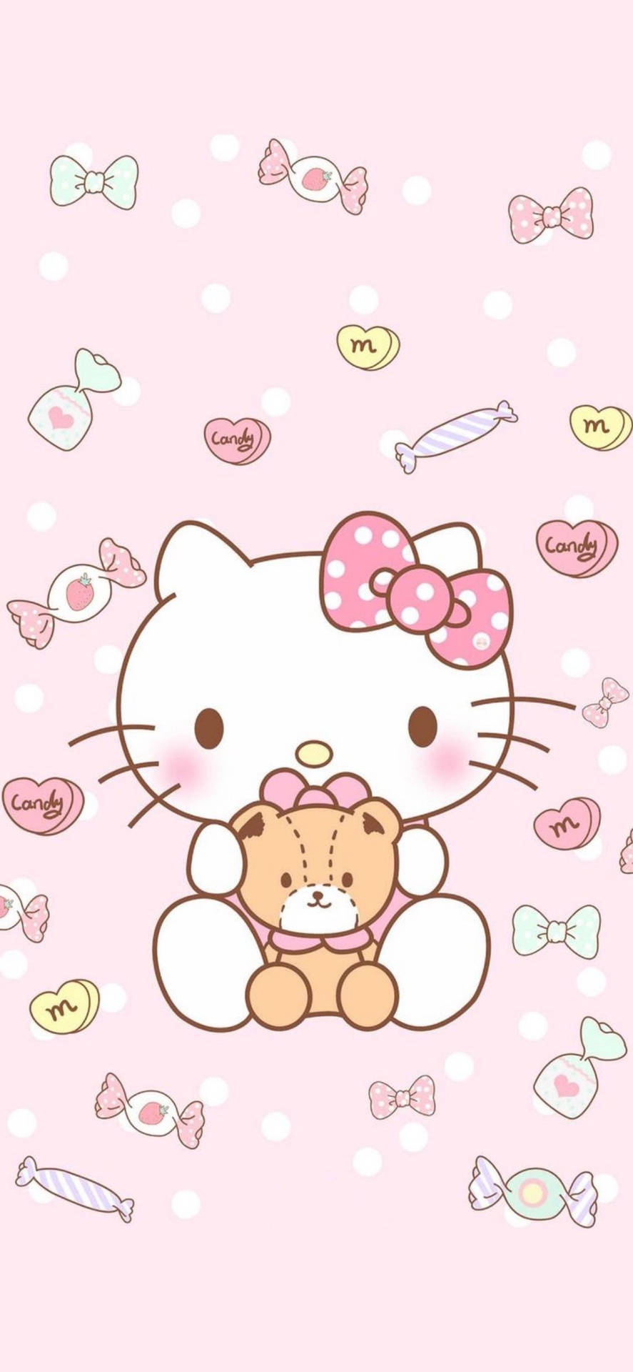 Hello Kitty 抱著泰迪熊，伴隨著糖果和蝴蝶結，在粉紅色背景上。