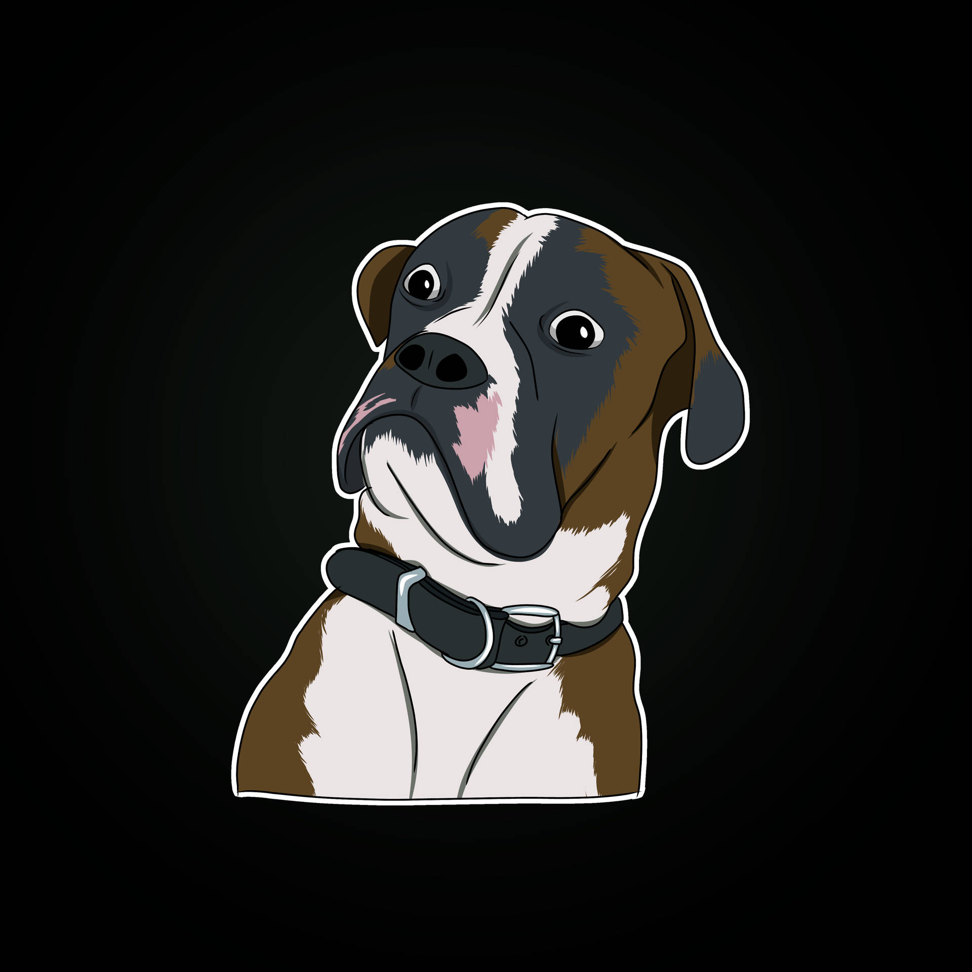 一隻卡通拳師犬在深色背景上戴著黑色項圈。