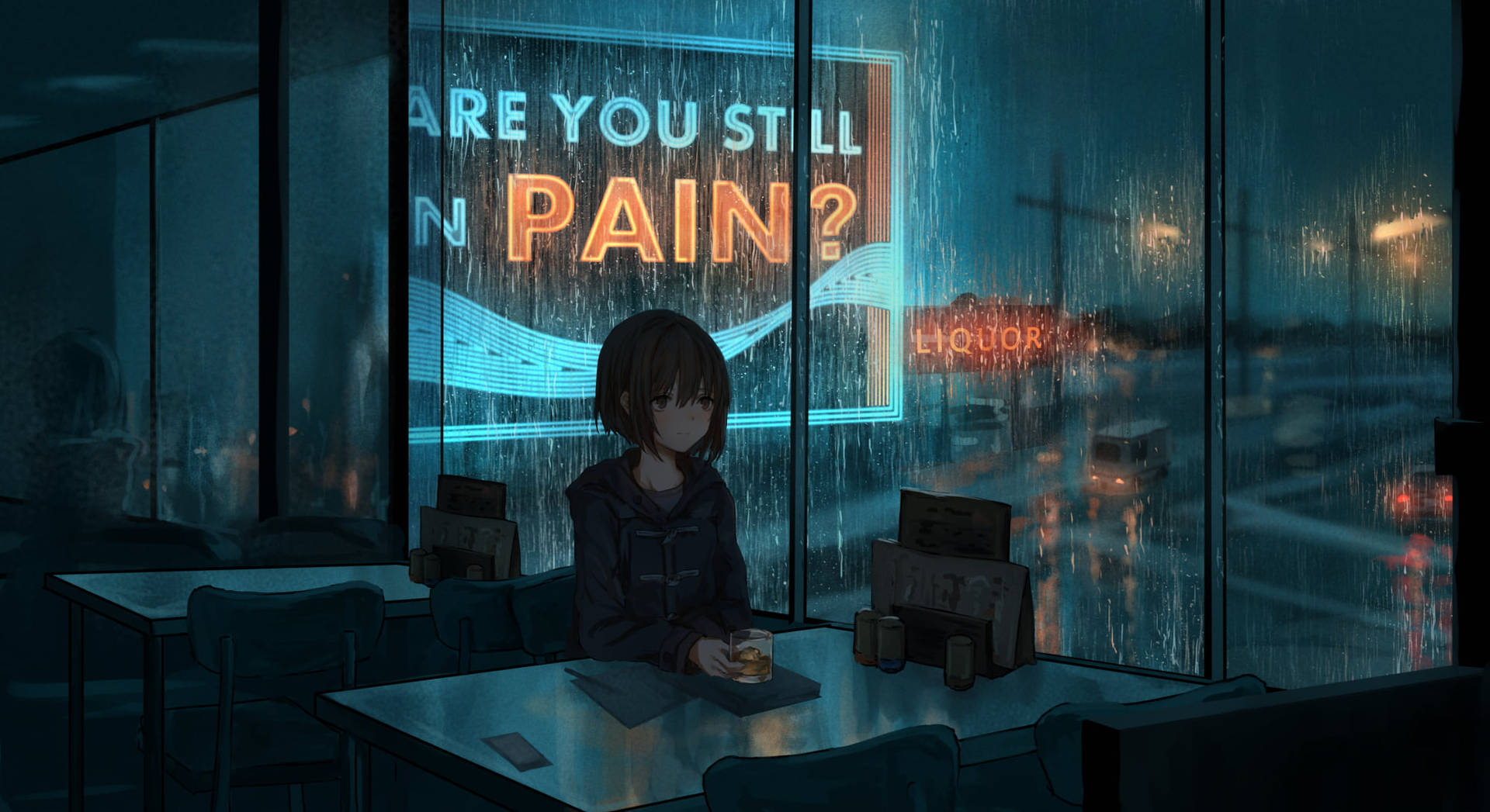 你還在痛嗎 最美雨景 壁紙 — 一個孤獨的動漫女孩坐在光線昏暗的酒吧窗邊桌子旁，外面霓虹燈在雨中閃爍。