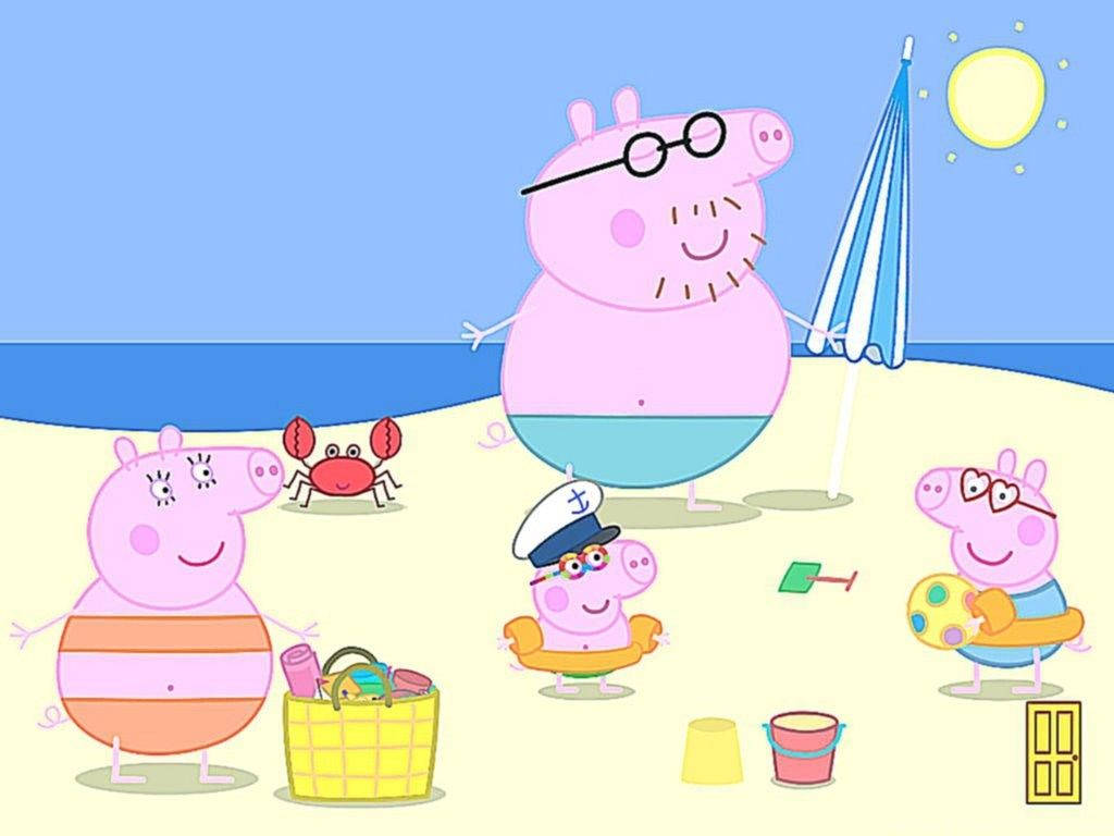 Peppa Pig 一家在陽光下與蟹和玩具在海灘上