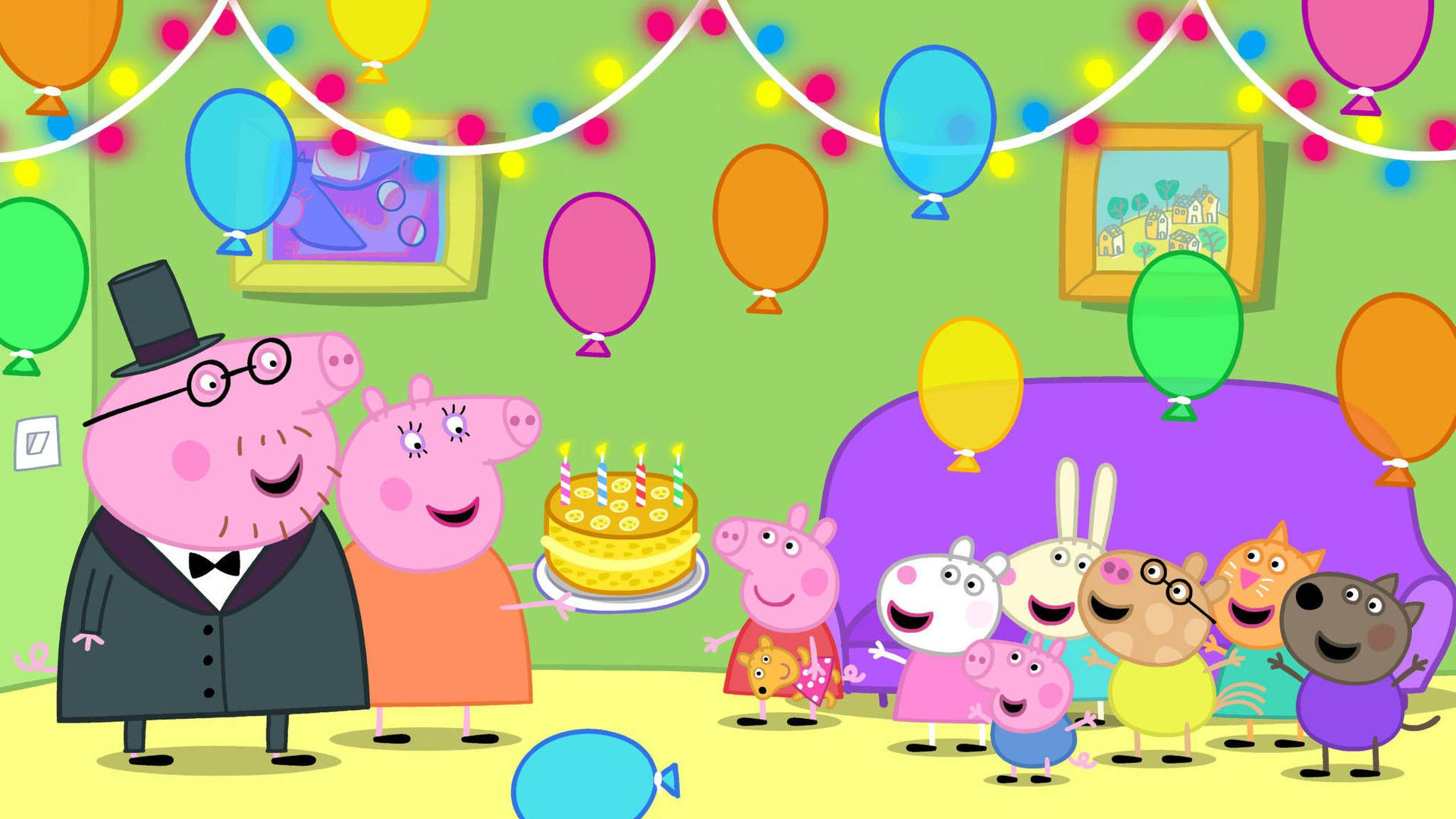 Peppa Pig 和朋友們在生日派對上，有氣球和蛋糕。