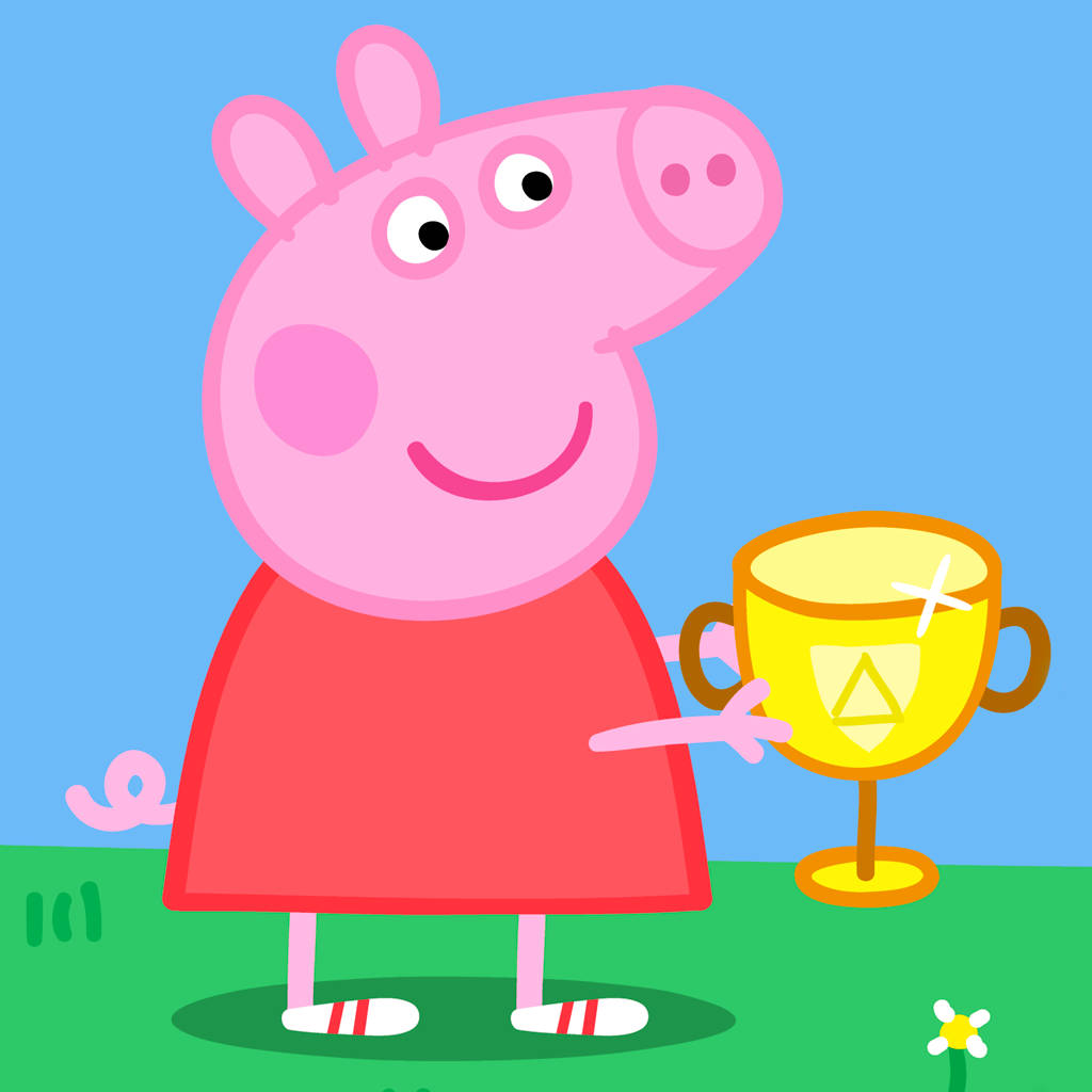 Peppa Pig 喺藍天下嘅草地上攞住一個金色獎盃。
