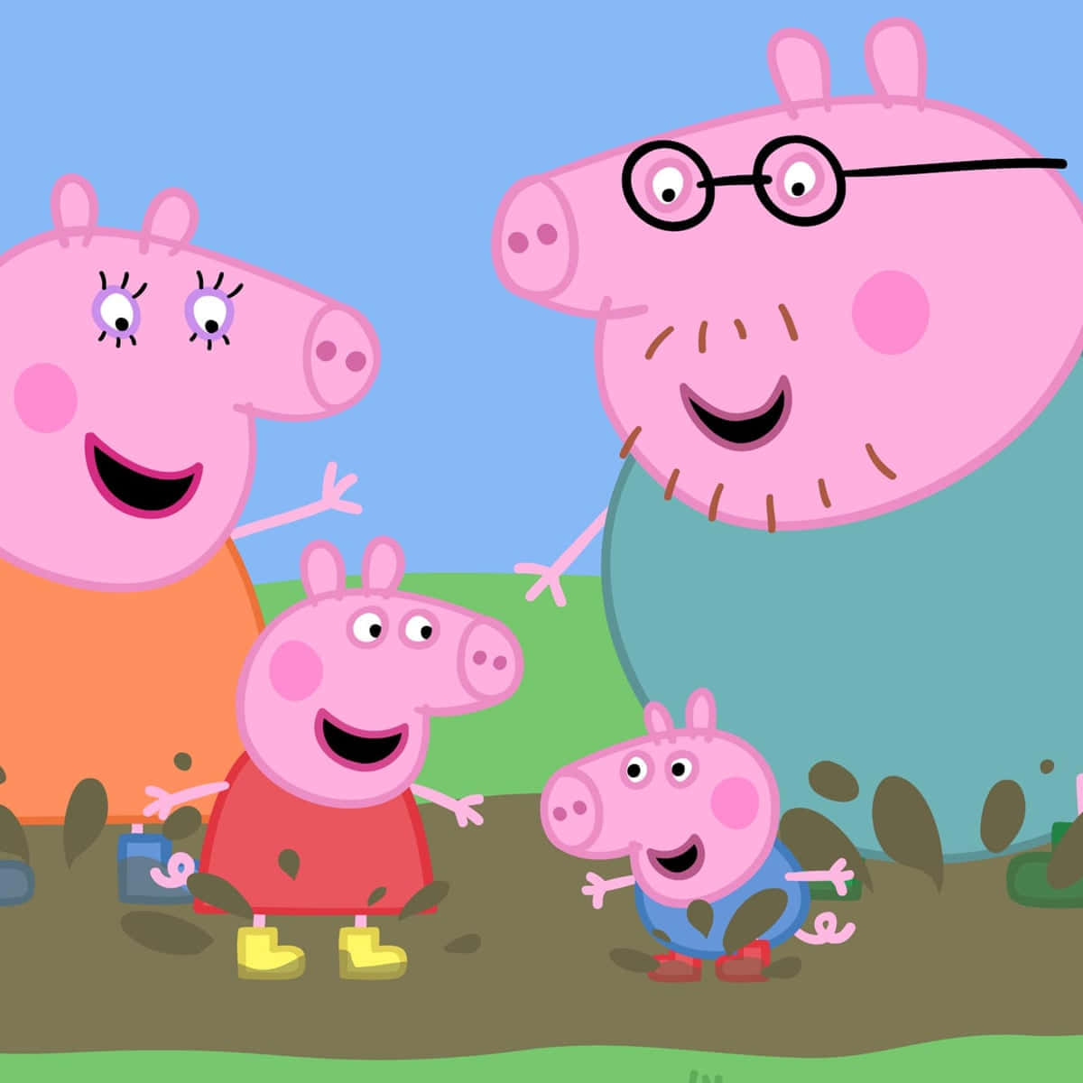 Peppa Pig 一家在戶外泥巴水坑中微笑。