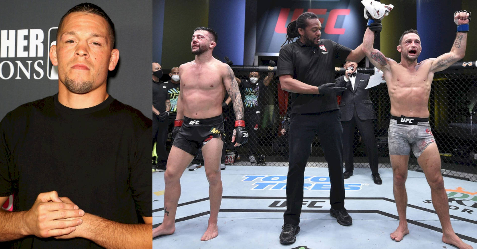 UFC拳手在八角籠中贏得比賽，裁判舉起他的手。