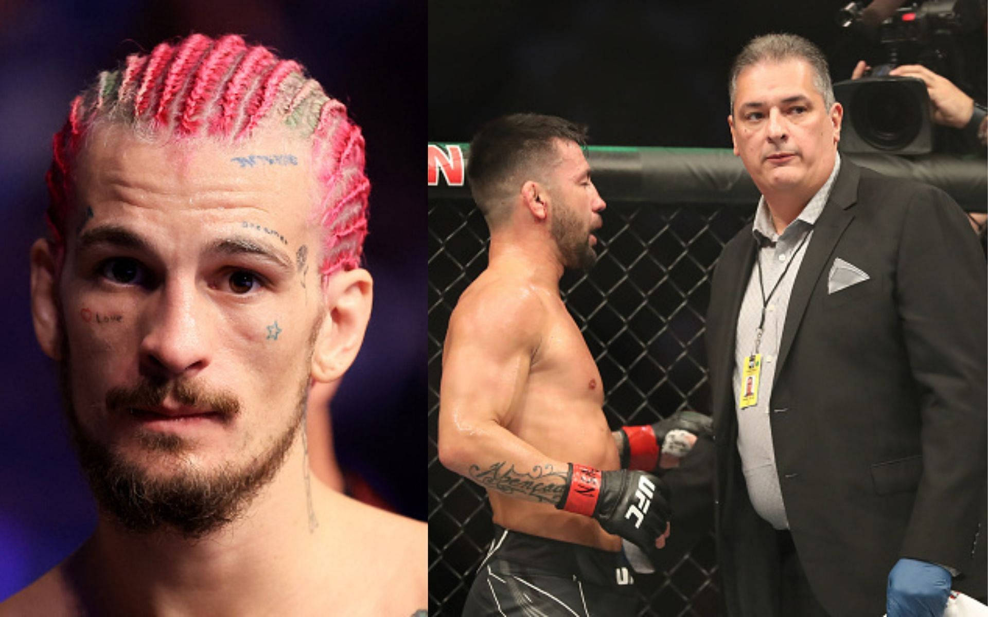 比賽期間，兩名MMA拳手和一名裁判在UFC八角籠內。