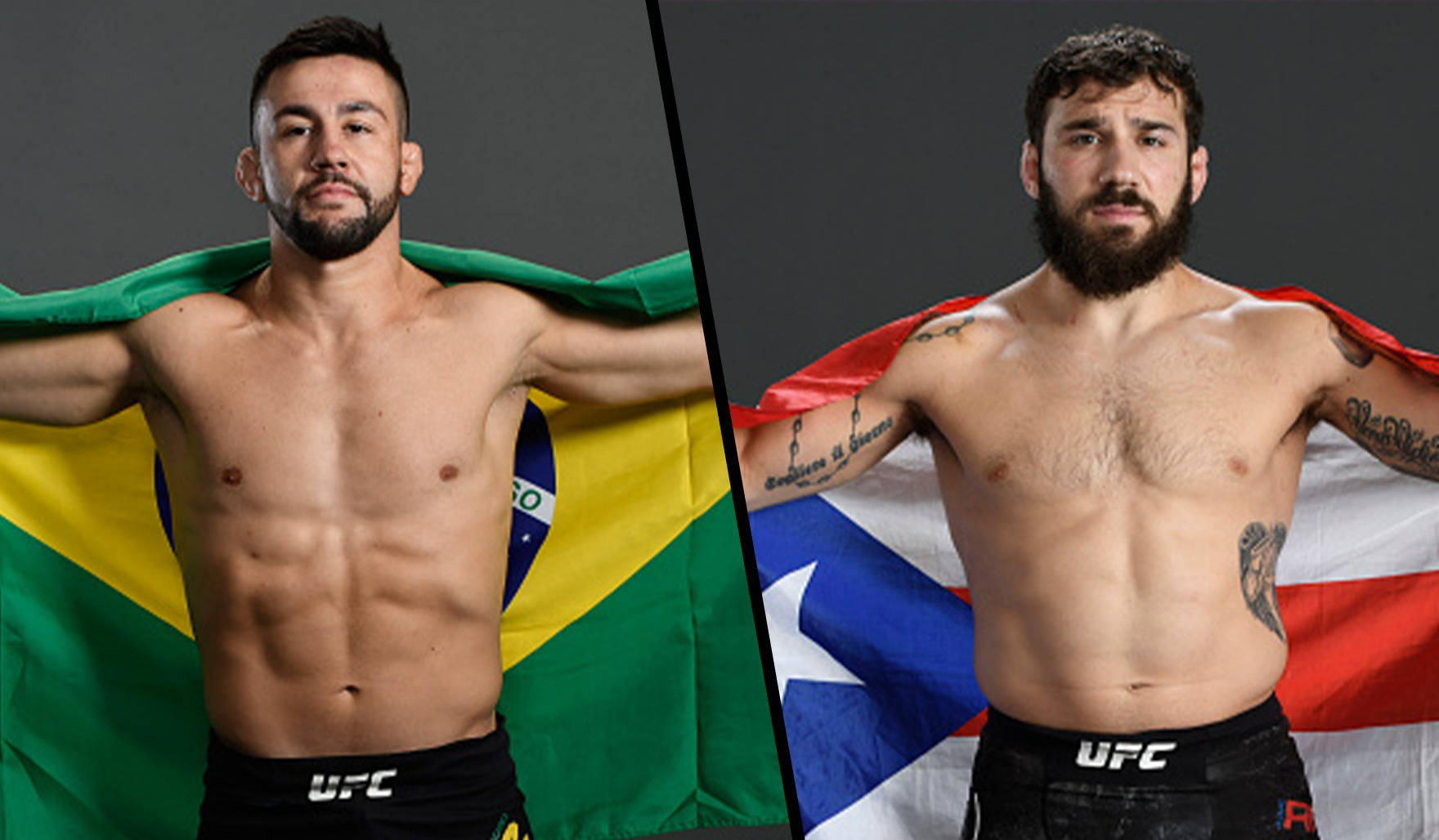 兩名男性UFC拳手披著國旗為宣傳照擺姿勢。