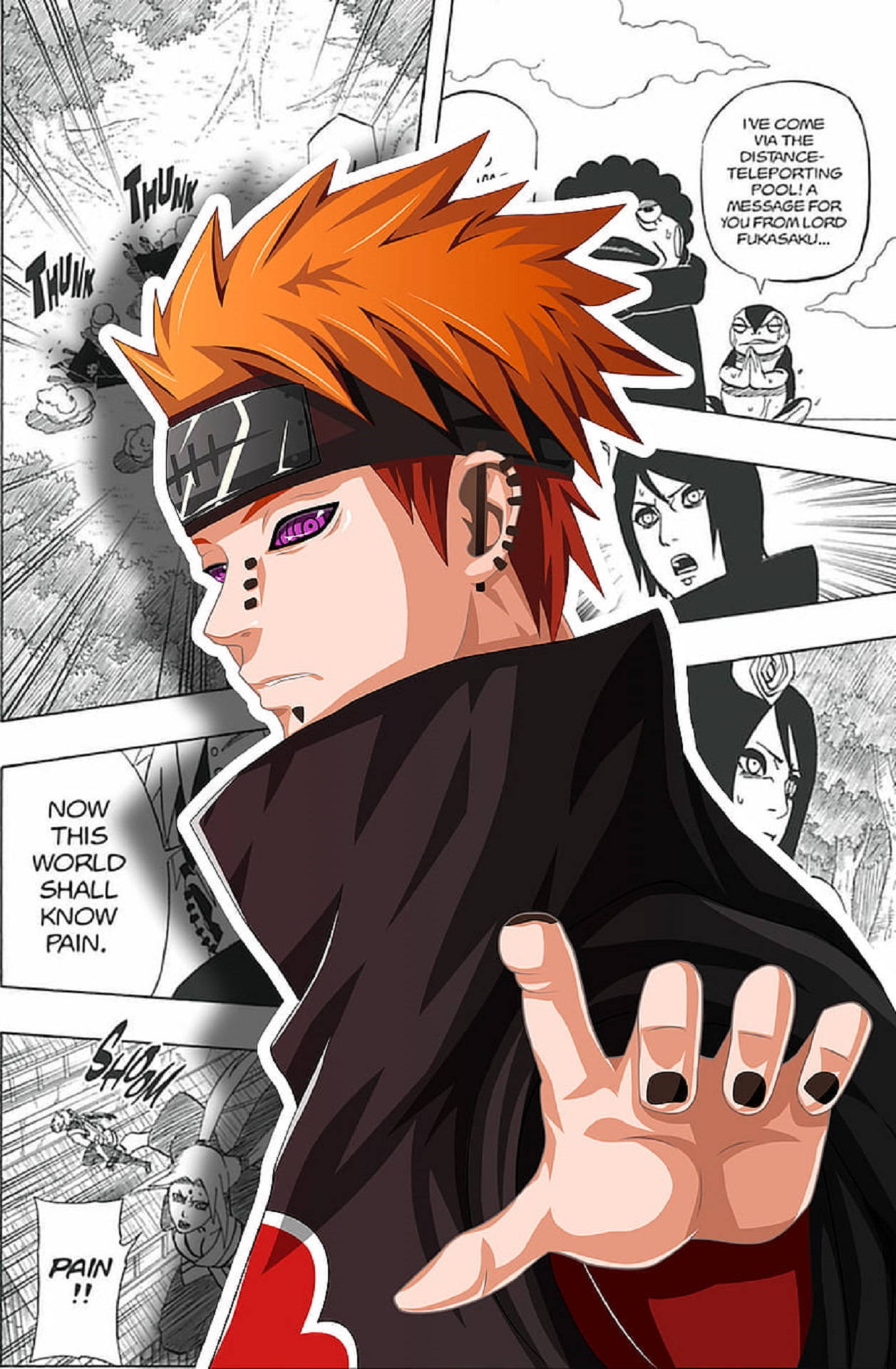 佩恩 Akatsuki 漫畫分鏡 壁紙 — 一個擁有尖刺橙色頭髮和紫色眼睛的動漫角色，在漫畫面板背景前伸出手。