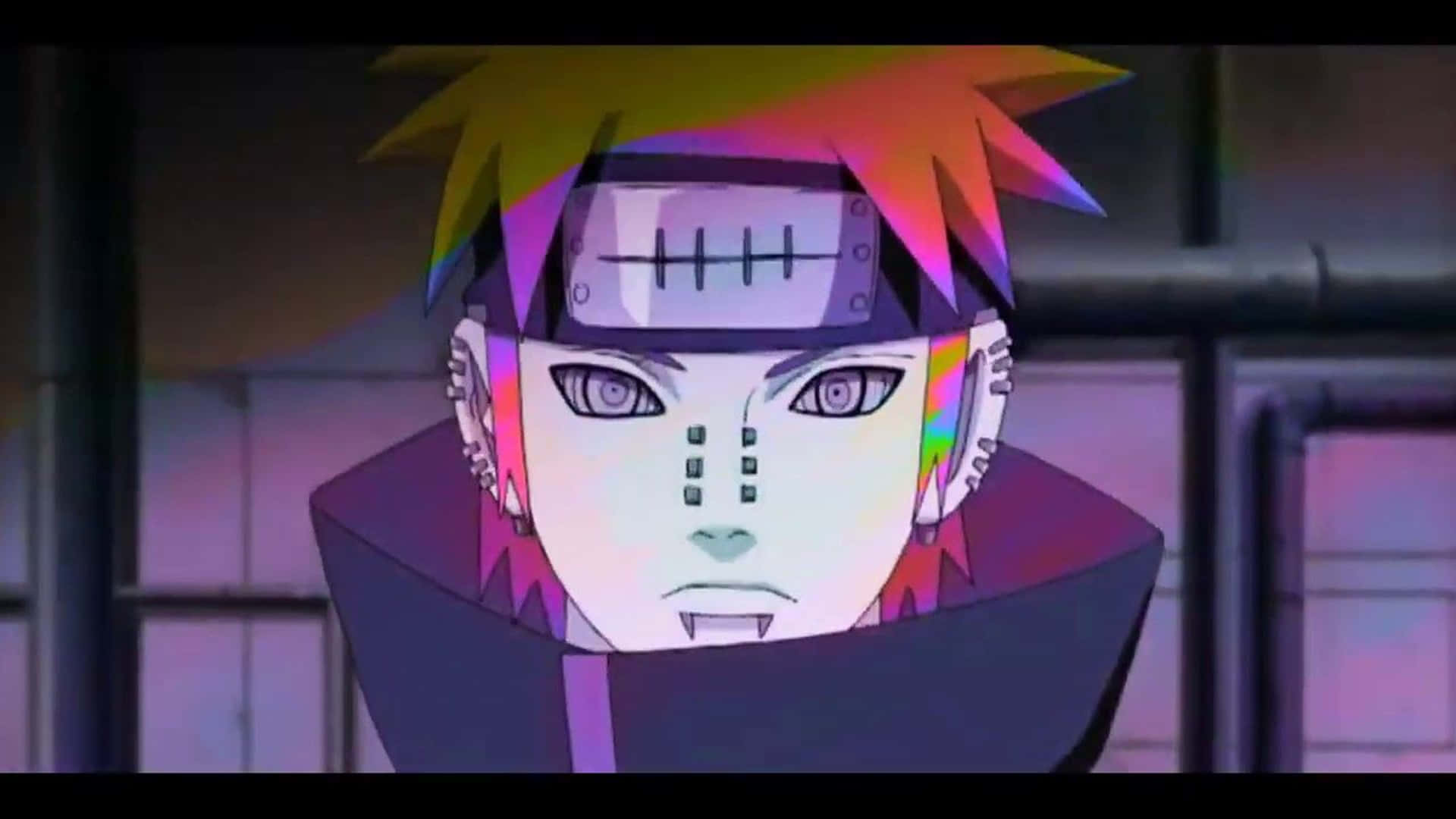 動漫角色擁有彩虹頭髮和額頭護具，在黑暗的城市場景中。