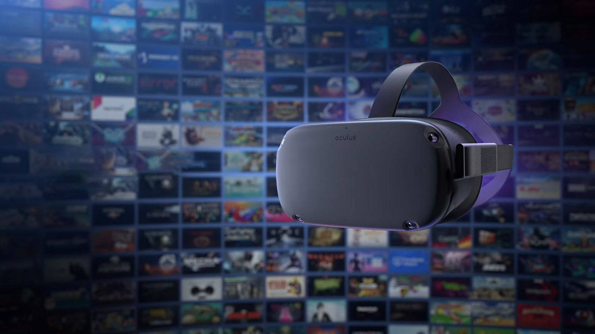 佩戴 Oculus Quest 2 VR 頭戴裝置的虛擬體驗 壁紙 — 一個時尚的灰色 Oculus VR 頭戴式裝置漂浮在一個發光的彩色遊戲和應用程式縮圖網格前。