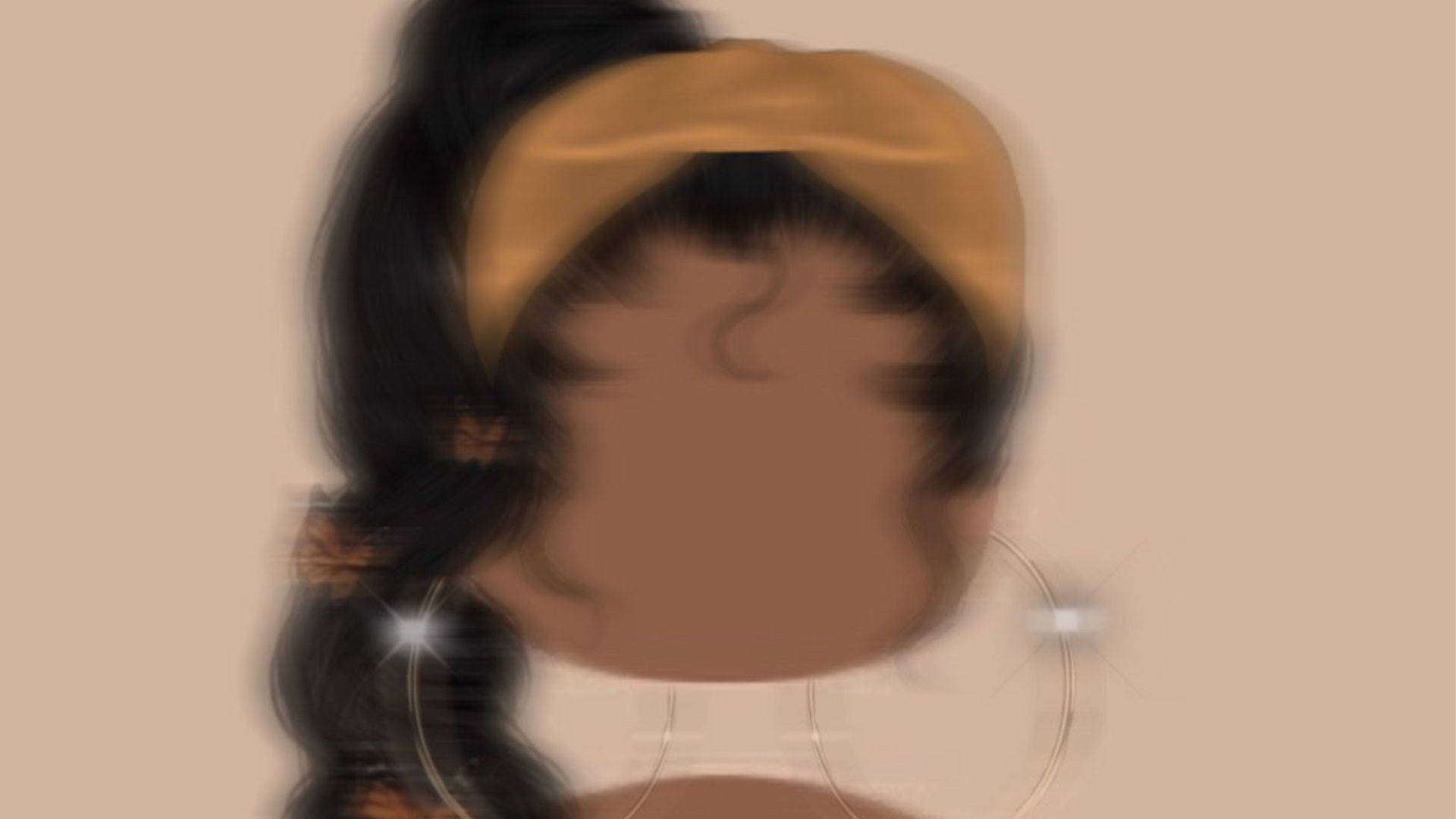 佩戴閃亮耳環的Baddie風格女孩 壁紙 — 一個風格化的插圖，描繪一個深色辮子頭髮的人，戴著金色頭帶和大圈耳環，背景是柔和的米色。