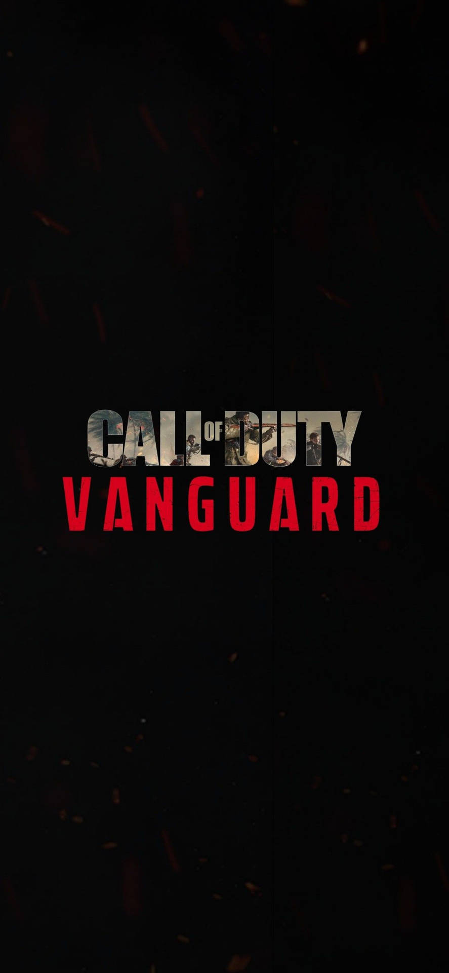 《Call of Duty Vanguard》遊戲標題，紅色文字和浮動火星在黑色背景上。