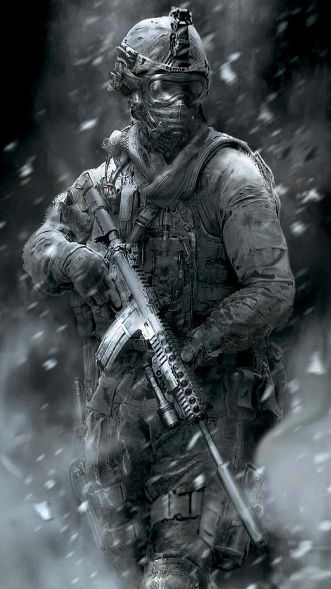 暴風雪中士兵持步槍遮臉