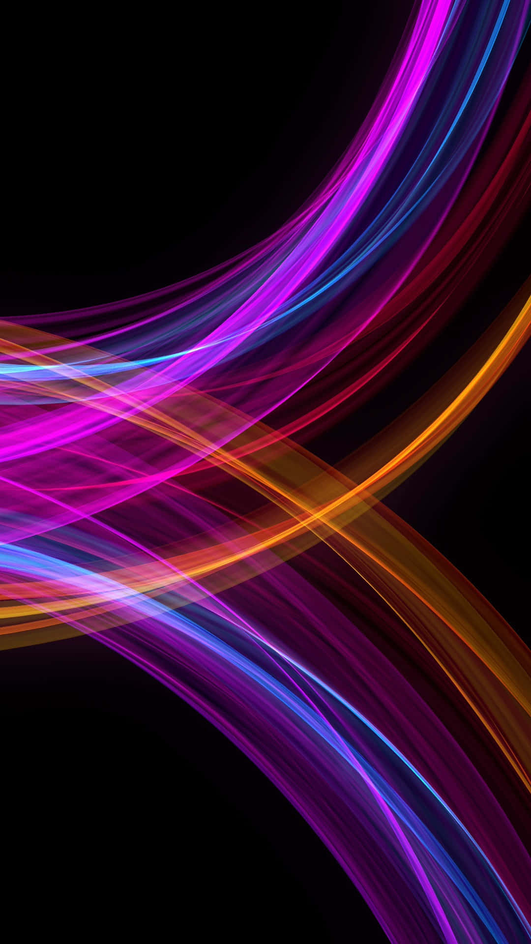 使用 AMOLED 顯示器實現智慧手機的最優顯示效果 壁紙 — 充滿活力的紫色、藍色和橙色霓虹燈條紋在純黑色背景上動態流動。