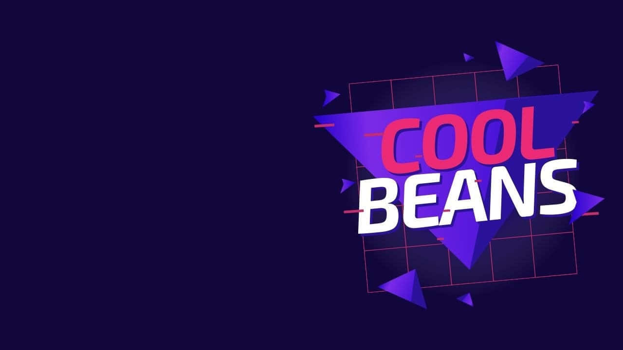深紫色背景上帶有幾何形狀的粗體彩色文字，寫著 cool beans。