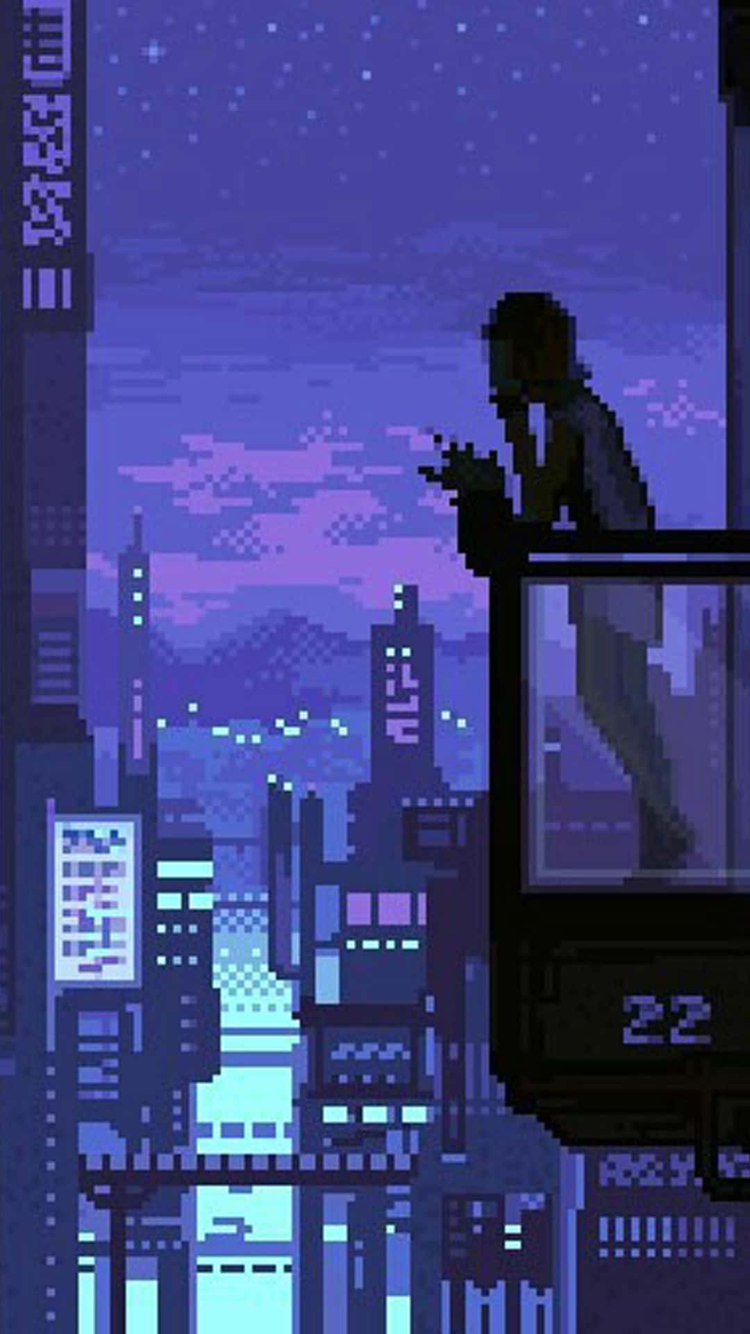 像素藝術人物在屋頂上凝視夜晚發光的城市天際線。