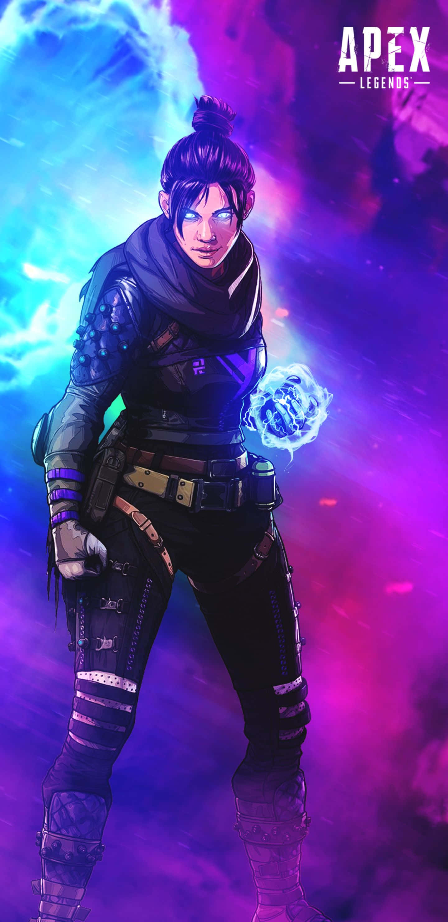 使用 Google Pixel 3 XL 玩 Apex Legends 壁紙 — 一位身穿暗色戰術裝備的兇猛女戰士，站在充滿活力的紫色和藍色宇宙背景前，帶有發光的能量效果。