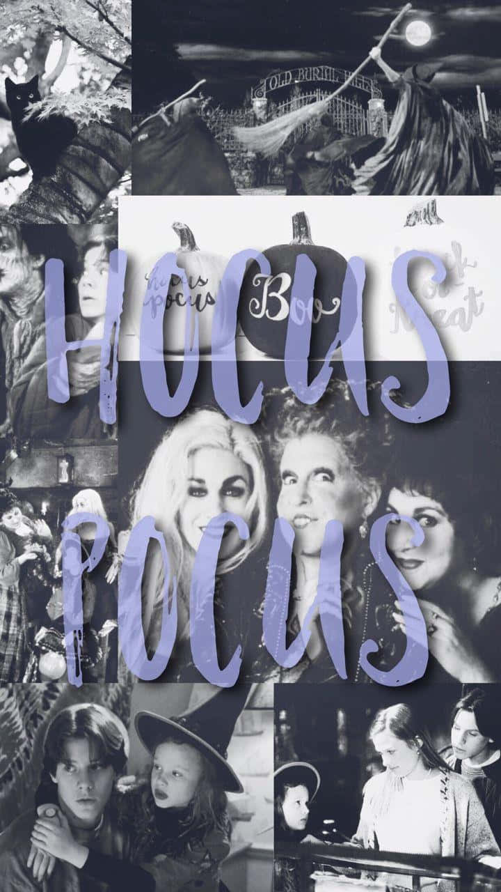Hocus Pocus 電影拼貼，帶有紫色標題文字和萬聖節圖像。