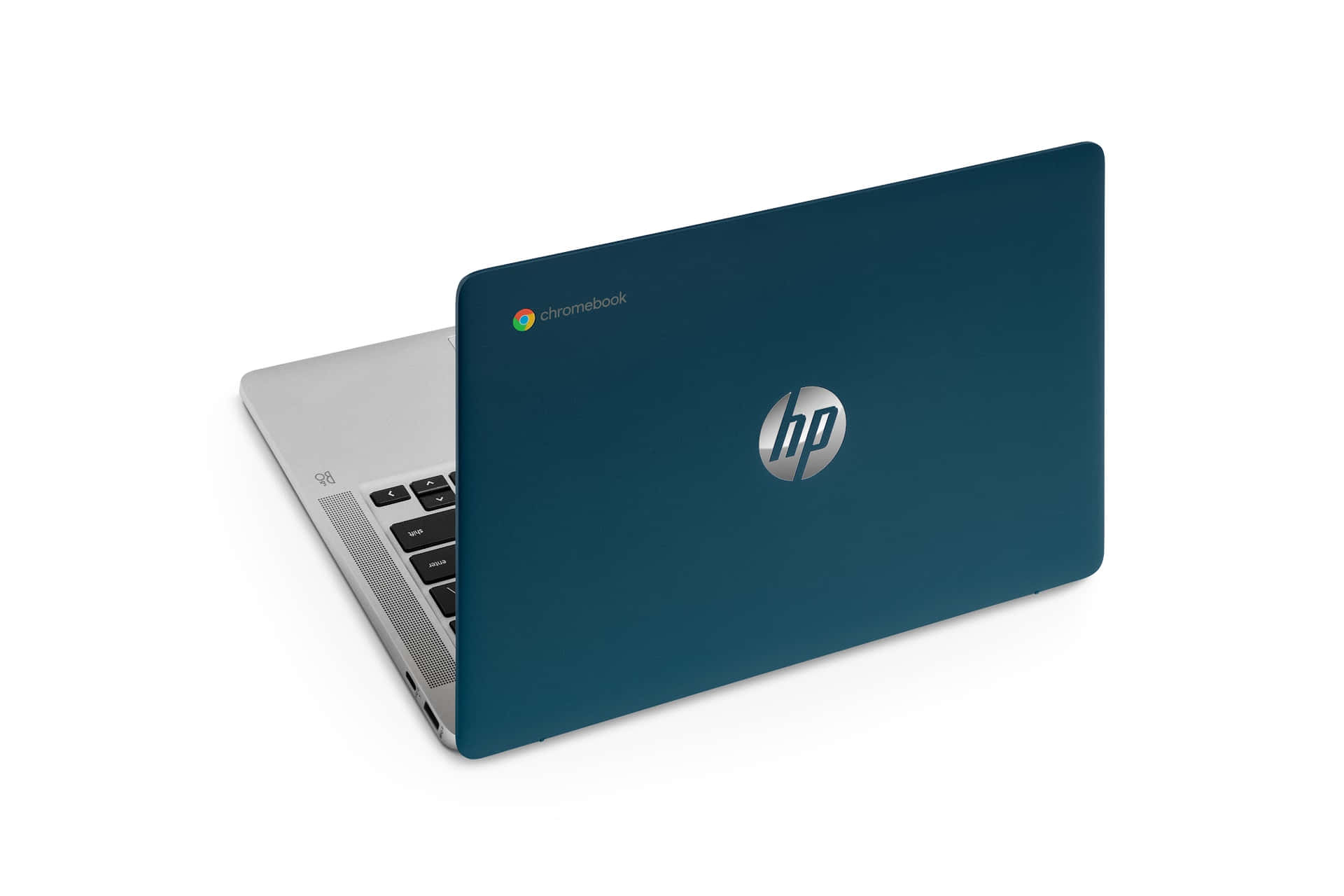 藍綠色和銀色HP Chromebook手提電腦在白色背景上打開