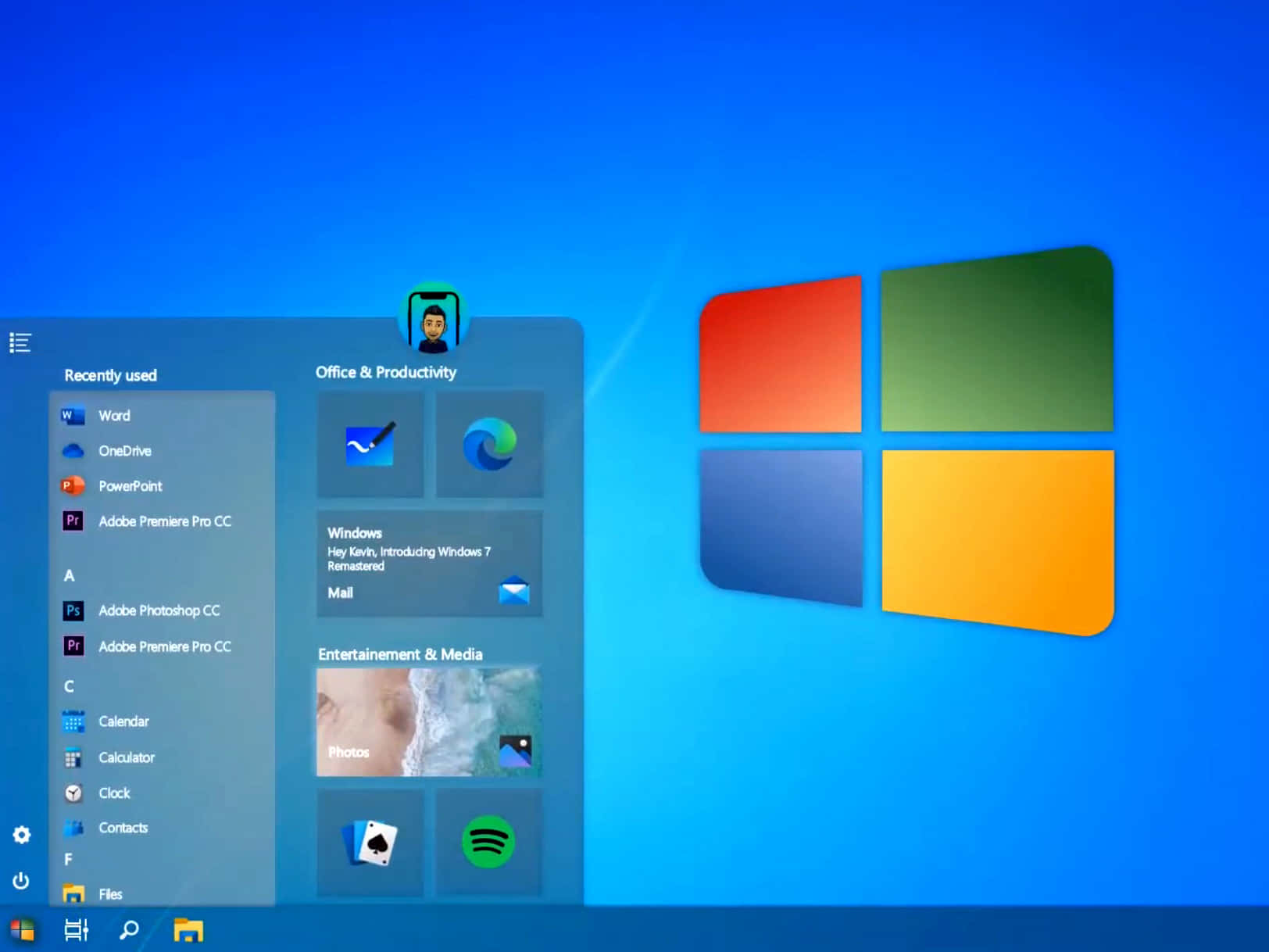Windows 7 開始功能表，帶有應用程式圖塊和使用者頭像，背景為藍色。
