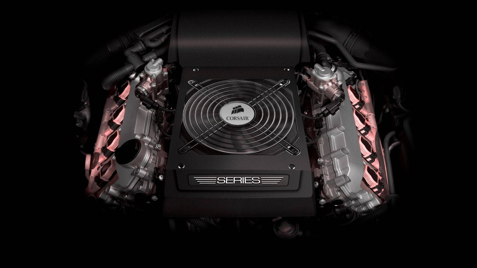 Corsair Series CPU散熱器，在黑暗引擎艙中帶有粉紅色燈光和黑色風扇。