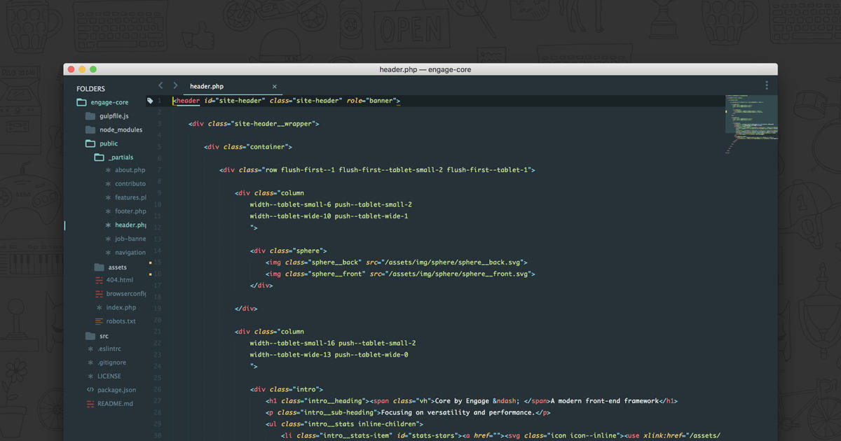 深色程式碼編輯器顯示帶有球體圖形的網站標題 PHP 和 HTML 結構。