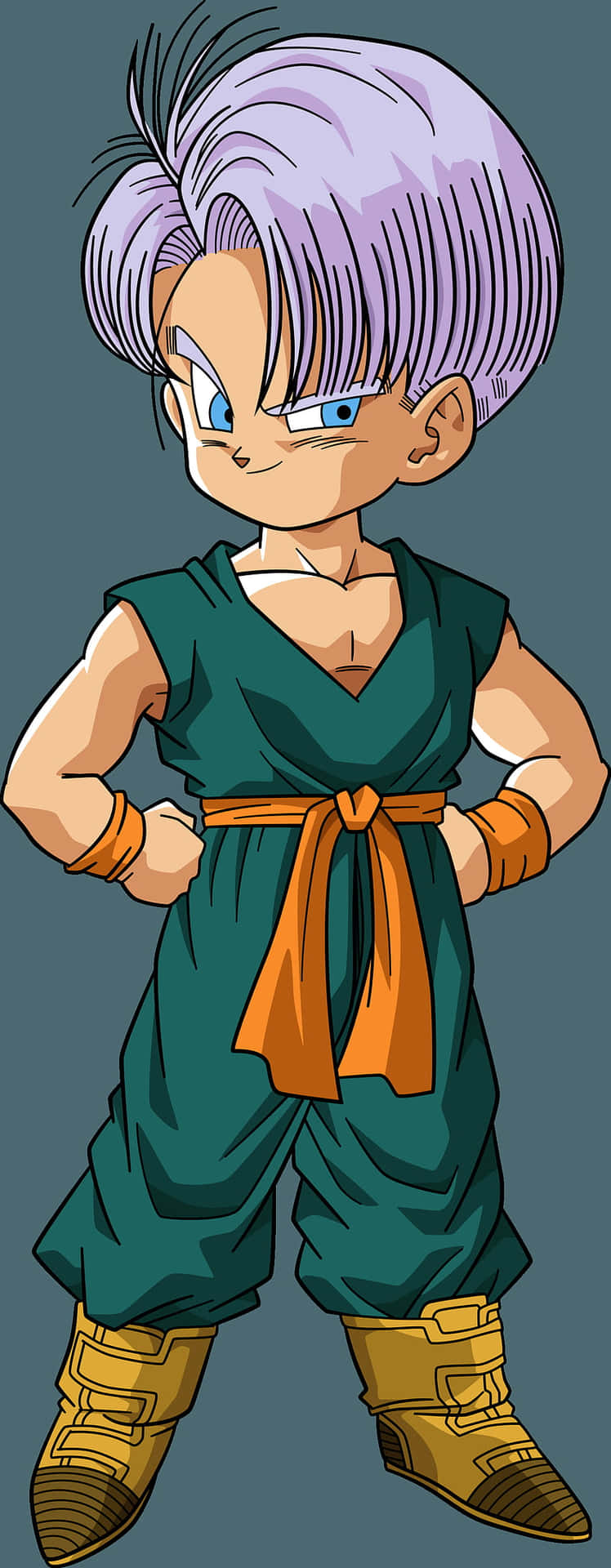 紫色頭髮和綠色服裝的動漫角色自信地站立。