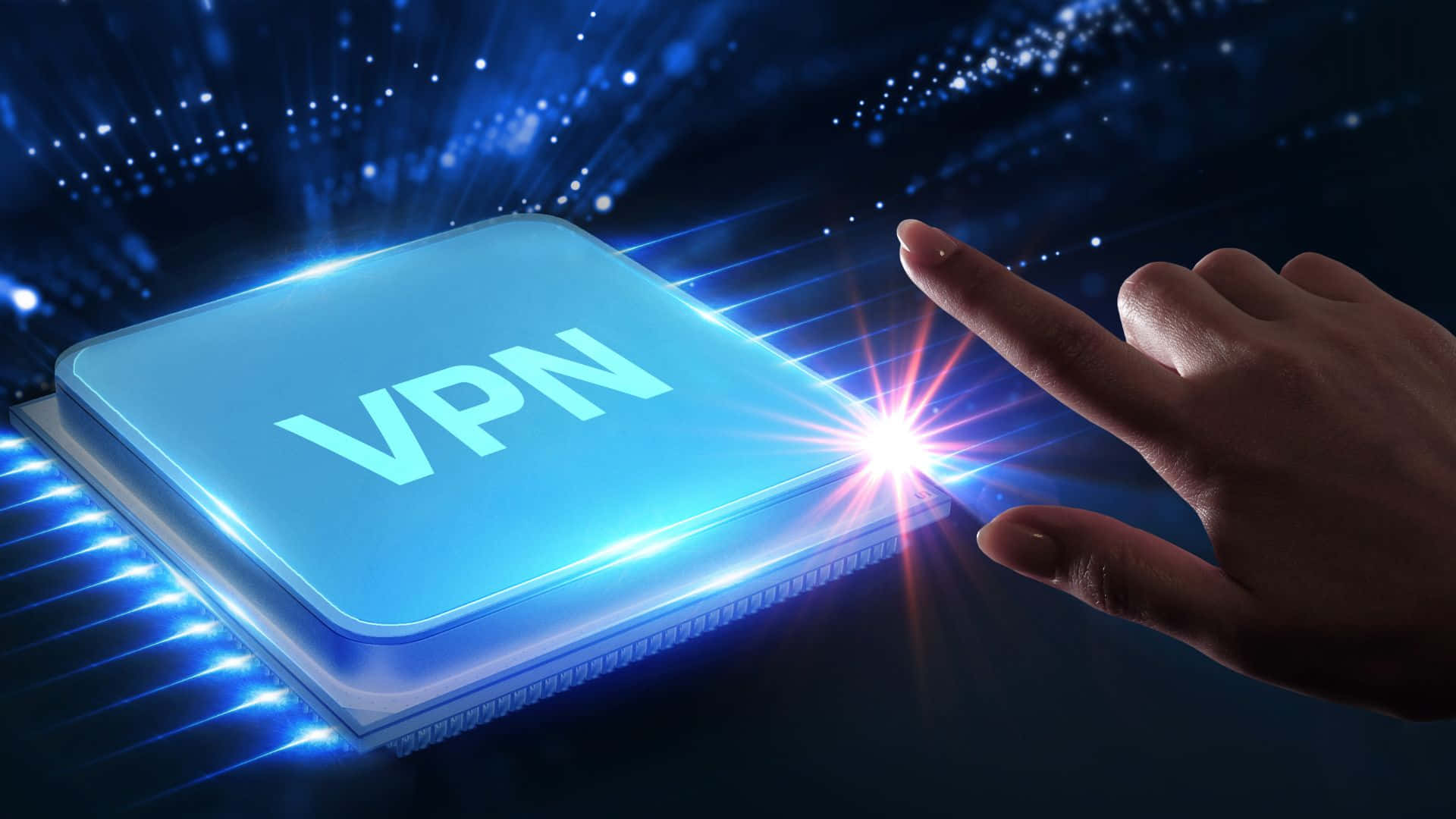 手觸摸數碼空間中發光的VPN晶片