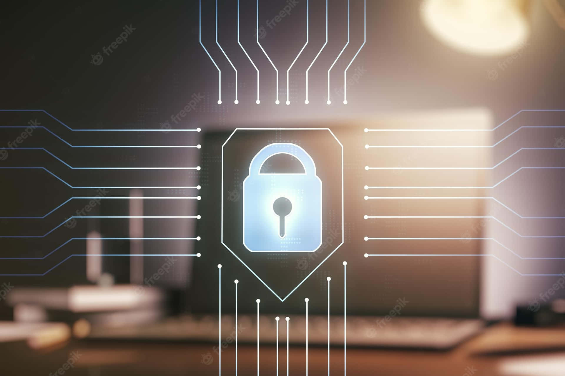 數碼掛鎖圖示在模糊辦公桌上方電路板疊加層上發出藍光。