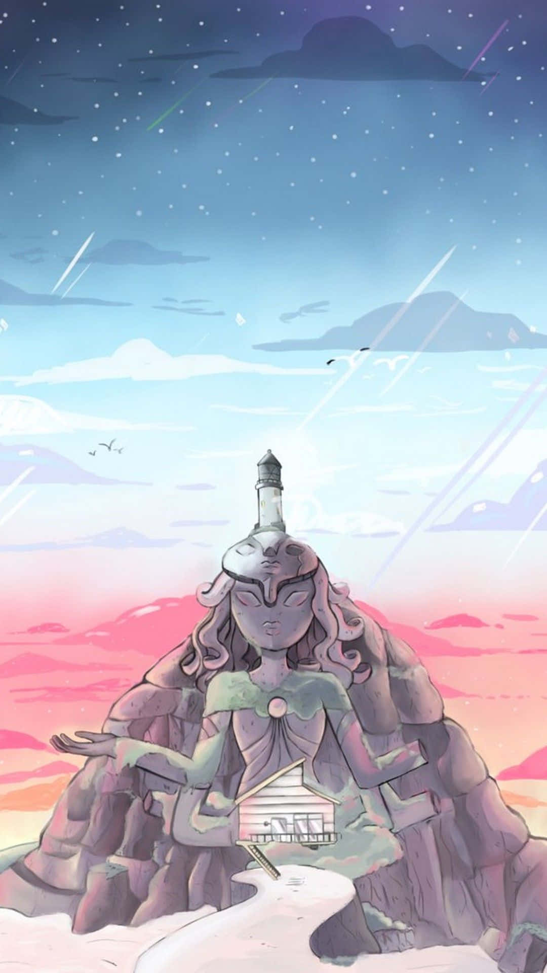 一位女性在星空和山巒的暮色背景下手持燈塔的雕像。