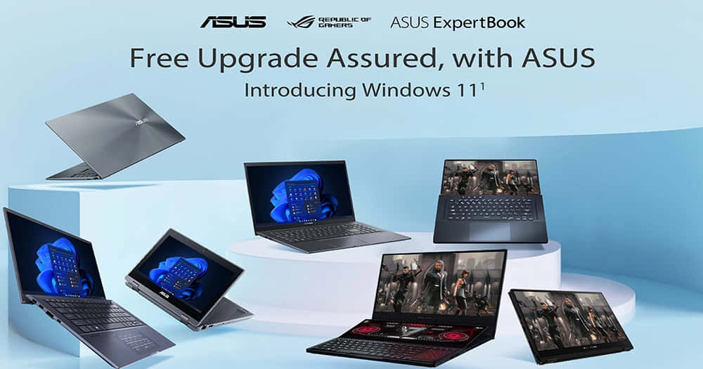 ASUS 手提電腦排列在白色平台上，發光屏幕顯示遊戲和介面。