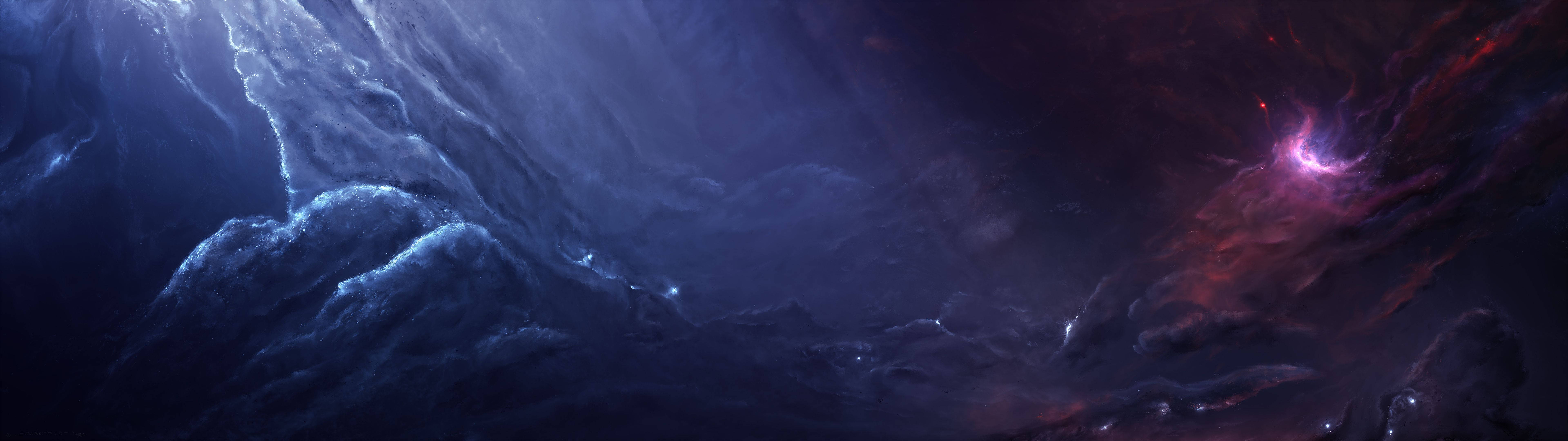 旋轉的宇宙星雲，深藍與火紅在太空中發光。