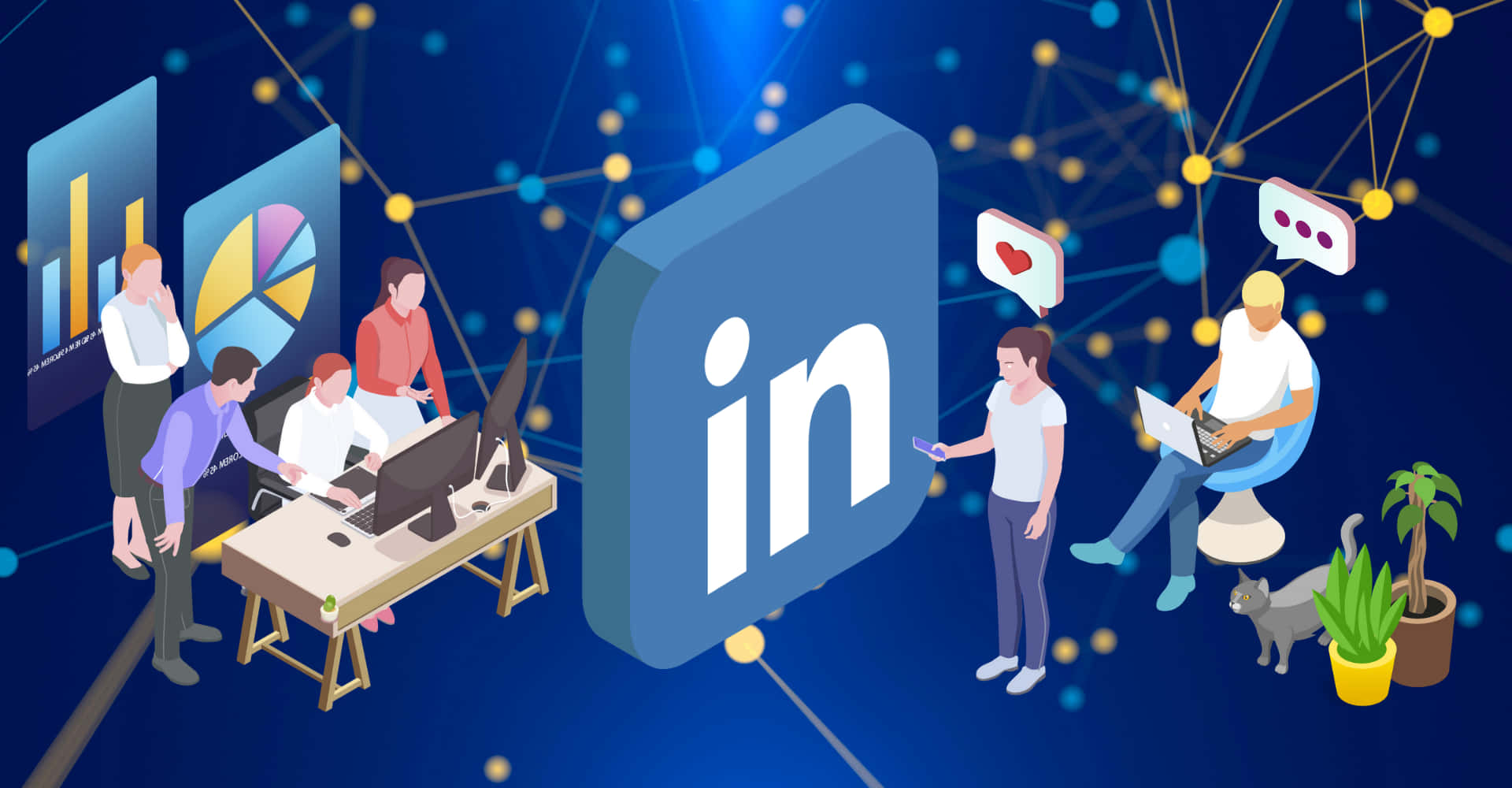 專業人士在數碼網絡環境中圍繞LinkedIn標誌合作。