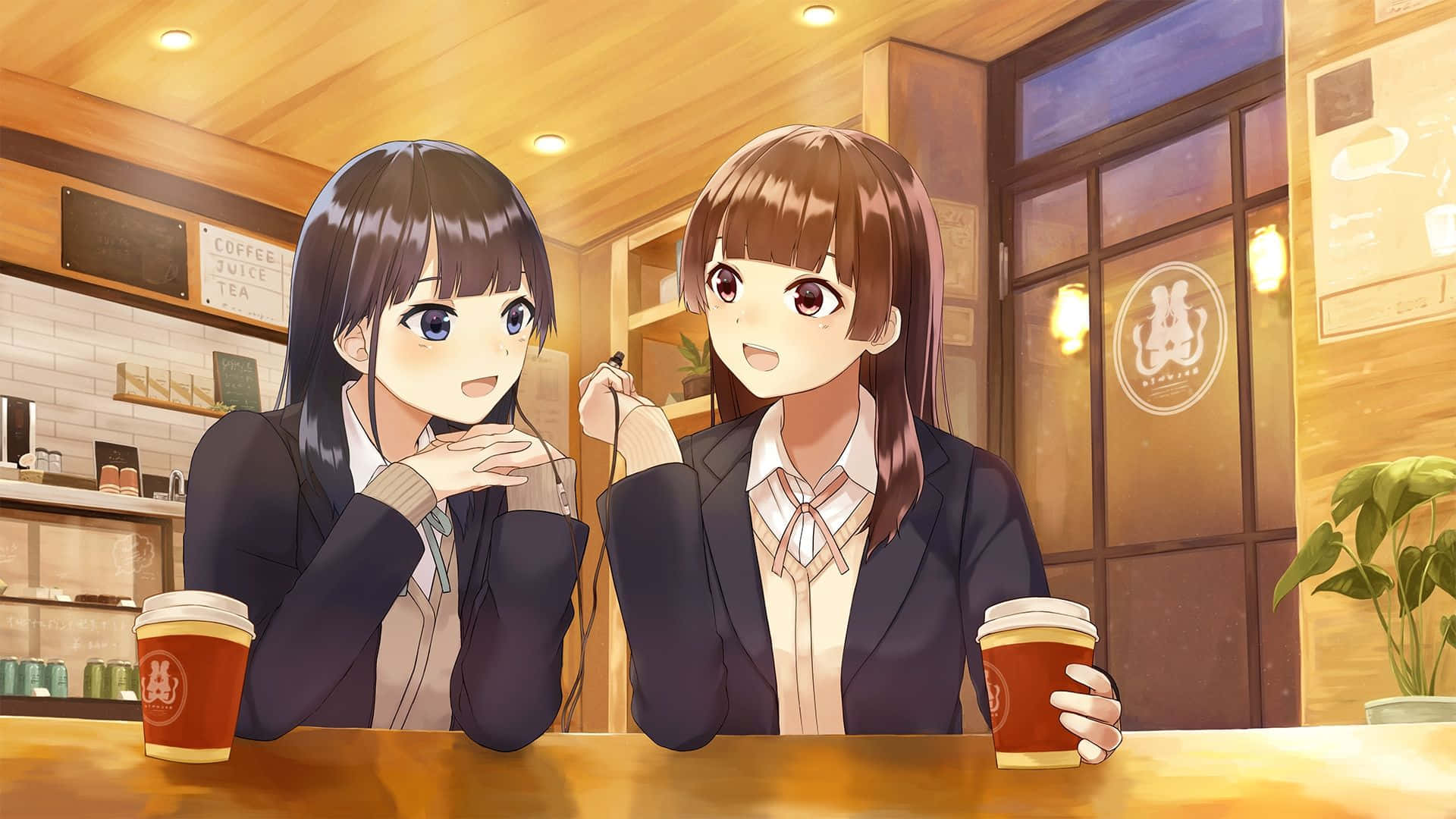 兩個動漫女學生在舒適的咖啡館裡一起享用咖啡。