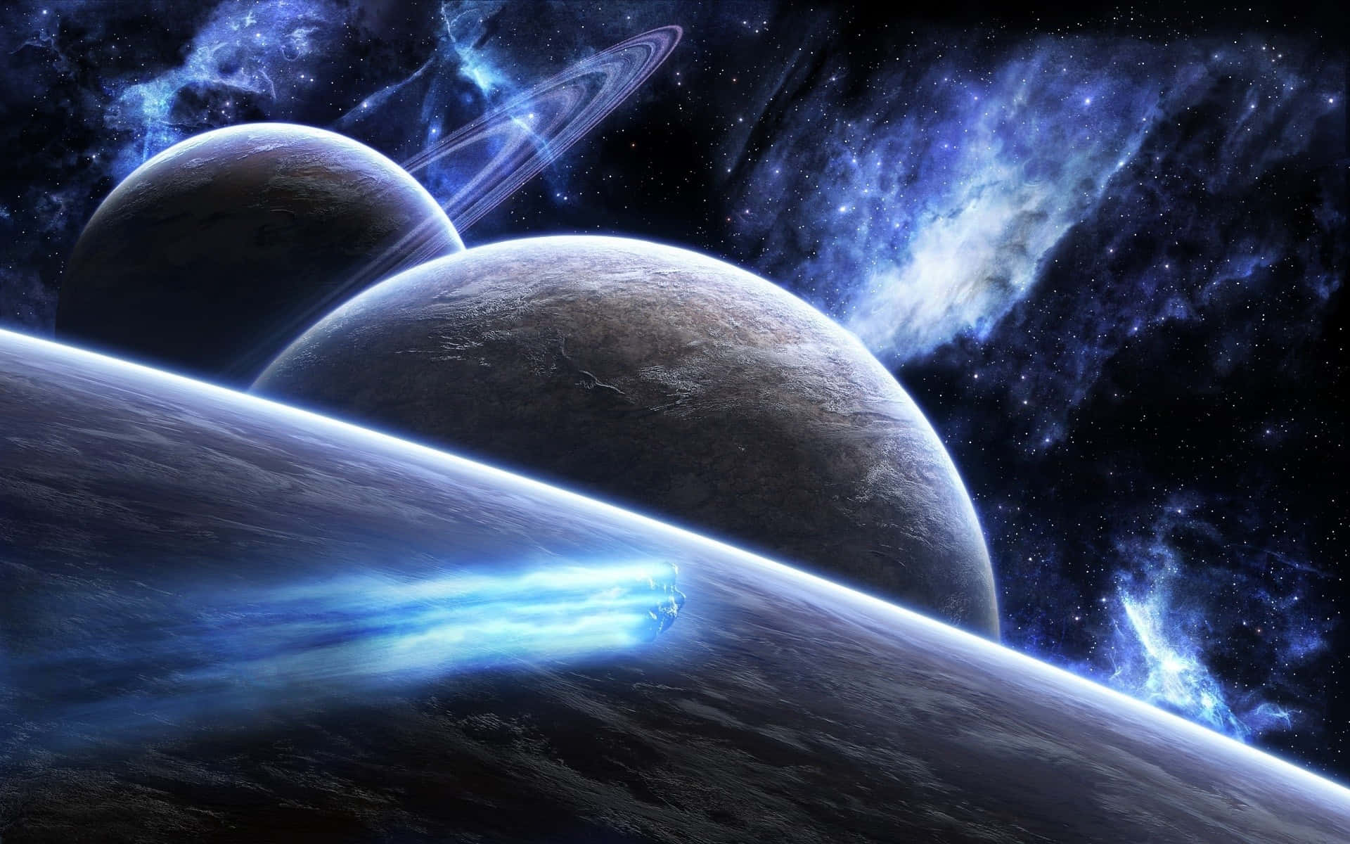 一艘藍色太空船在佈滿星星的星雲中飛過一個帶有光環的行星。