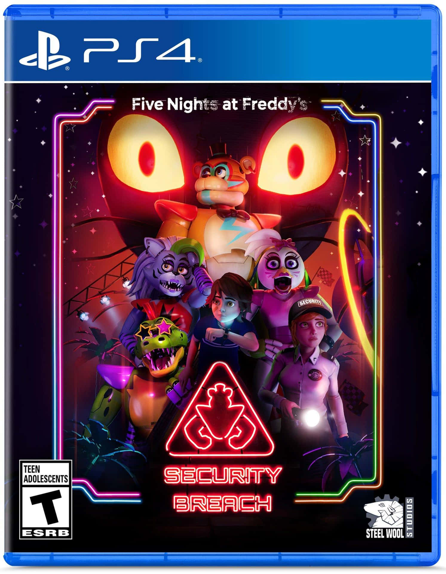 Five Nights at Freddy's Security Breach 遊戲封面，帶有發光的霓虹角色和一個害怕的女孩。