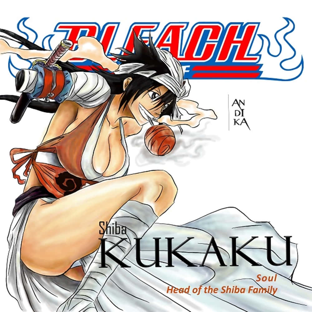Kukaku Shiba 桌布 壁紙 — 來自《Bleach》的動畫角色志波空鶴以動態姿勢蹲下，揮舞著劍，帶有煙霧效果和粗體標題文字。