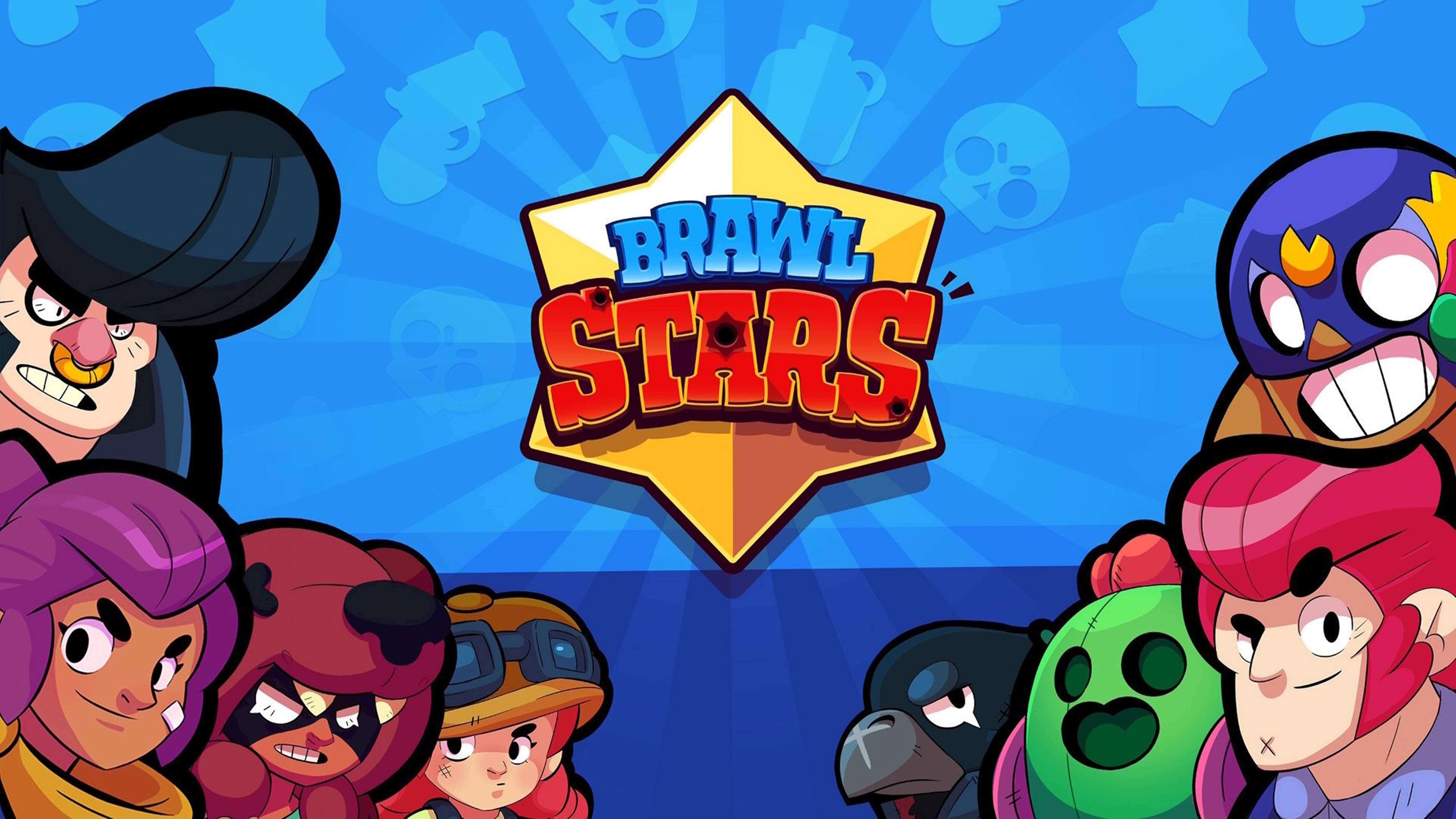 Brawl Stars 桌布 壁紙 — 來自《Brawl Stars》的鮮豔卡通角色圍繞著一個大膽的星形標誌，背景為藍色放射狀。