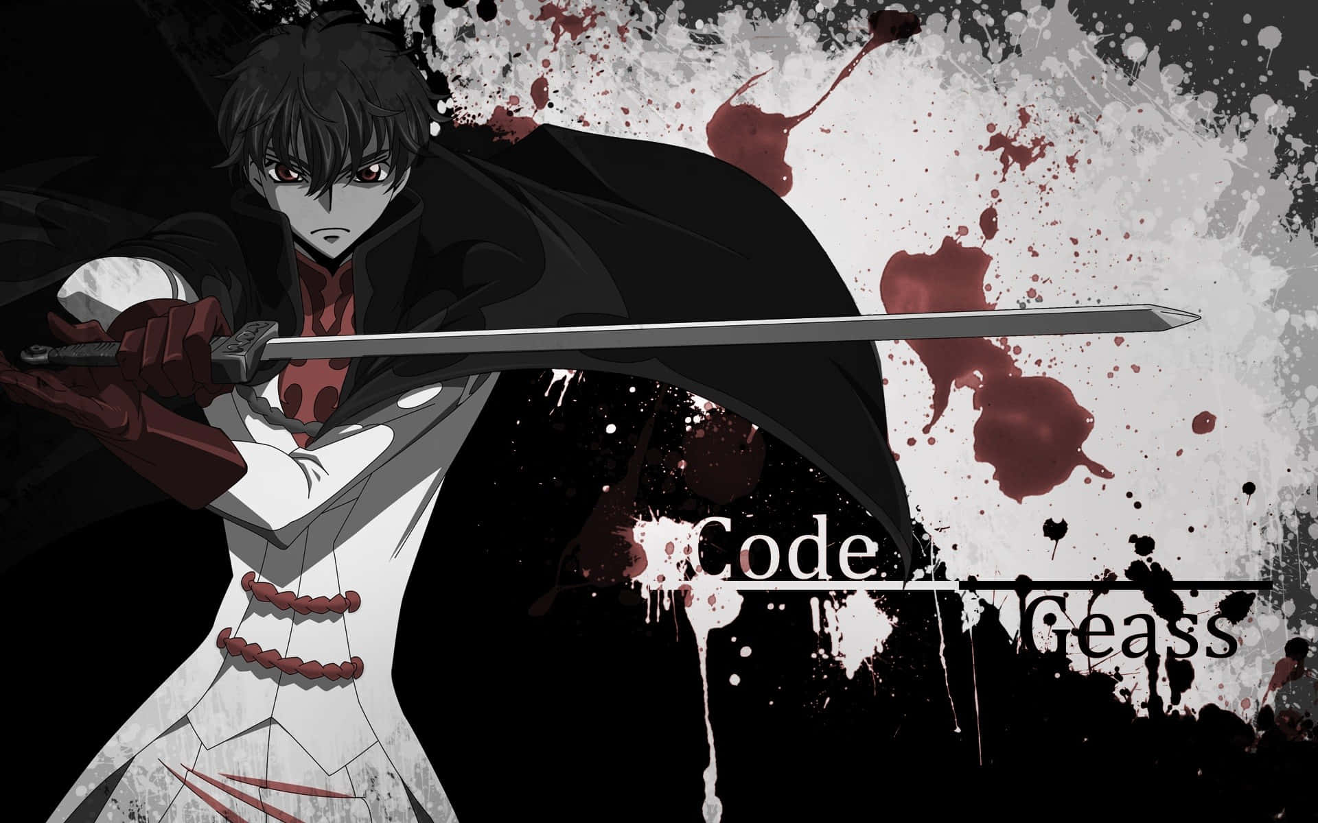 Suzaku Kururugi 桌布 壁紙 — 來自《Code Geass》的動畫角色魯路修·蘭佩路基，在濺有紅色血跡的黑白背景下持劍。