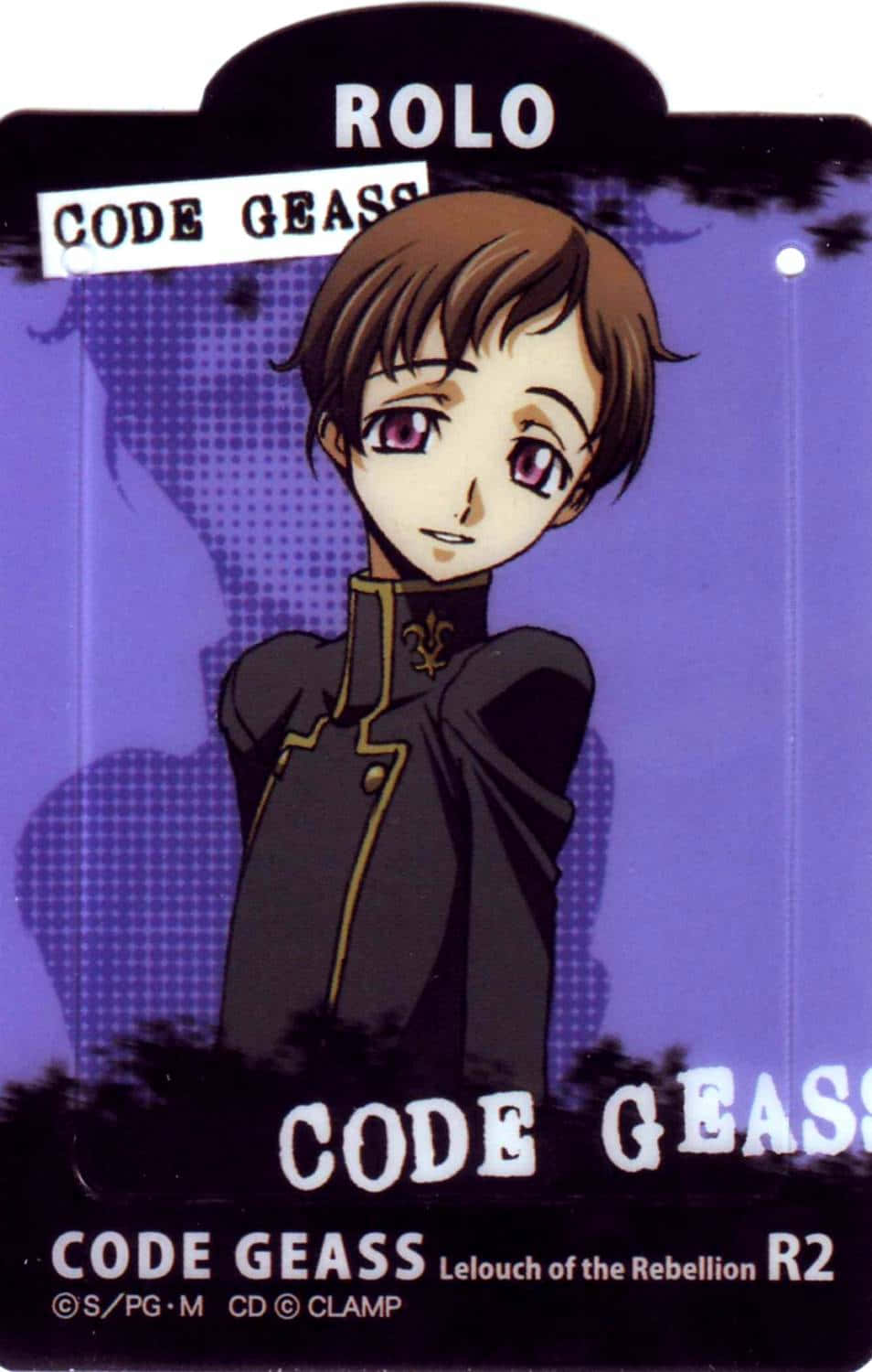 Rolo Lamperouge 桌布 壁紙 — 來自《Code Geass》的動畫角色羅洛（Rolo）身穿深色制服，站在紫色圓點背景前，背景有樹木剪影。