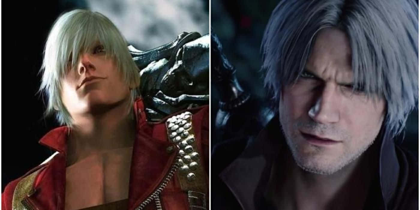 Devil May Cry Characters 桌布 壁紙 — 來自《Devil May Cry》的但丁兩個對比鮮明的肖像，一個年輕身穿紅色外套，另一個年長頭髮花白、眼神凌厲。