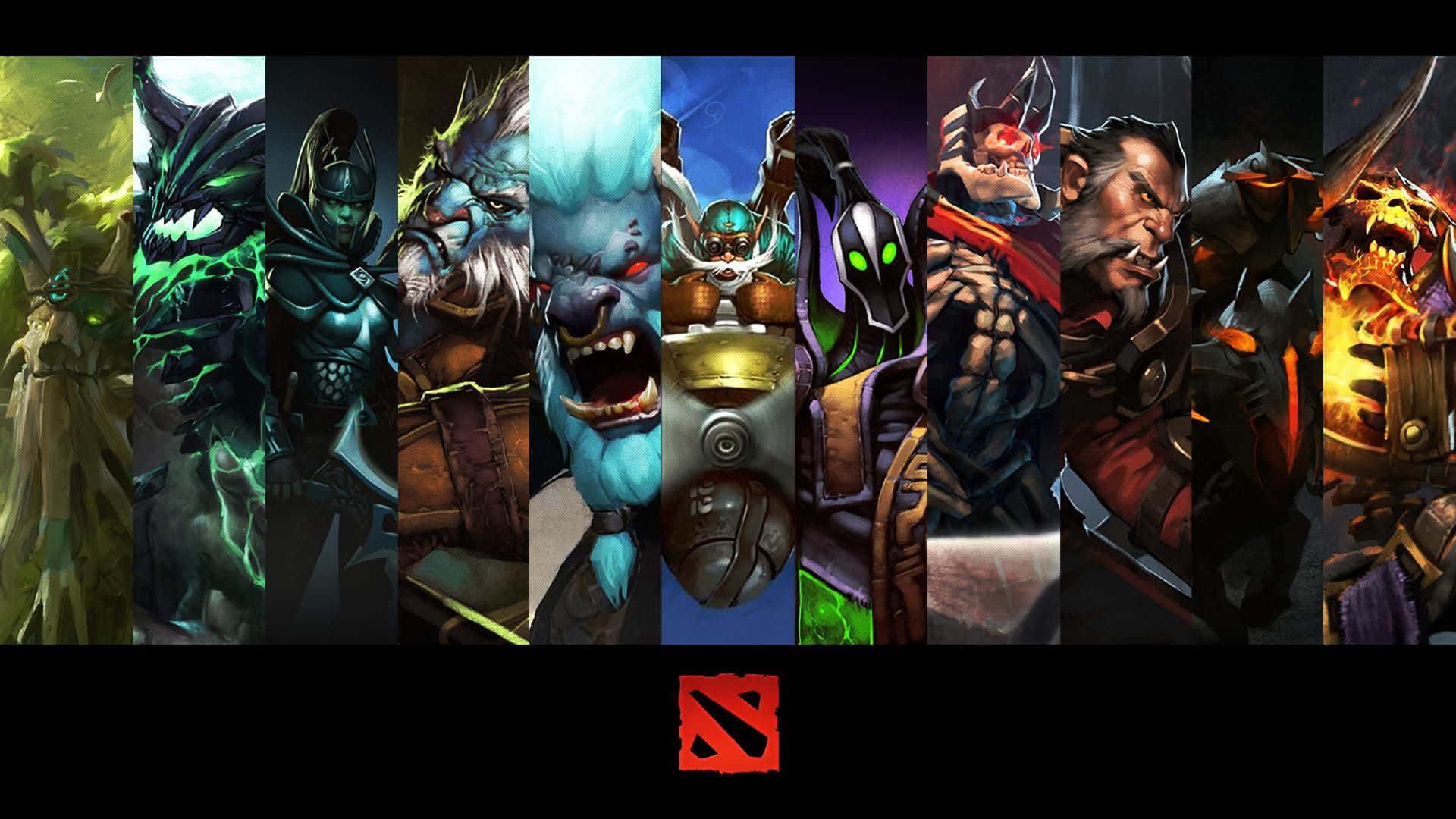 Dota 2 Heroes 桌布 壁紙 — 來自《Dota 2》的九位奇幻英雄，每位都擁有獨特的盔甲和發光效果，站在黑暗背景前，形成一個充滿活力的陣容。