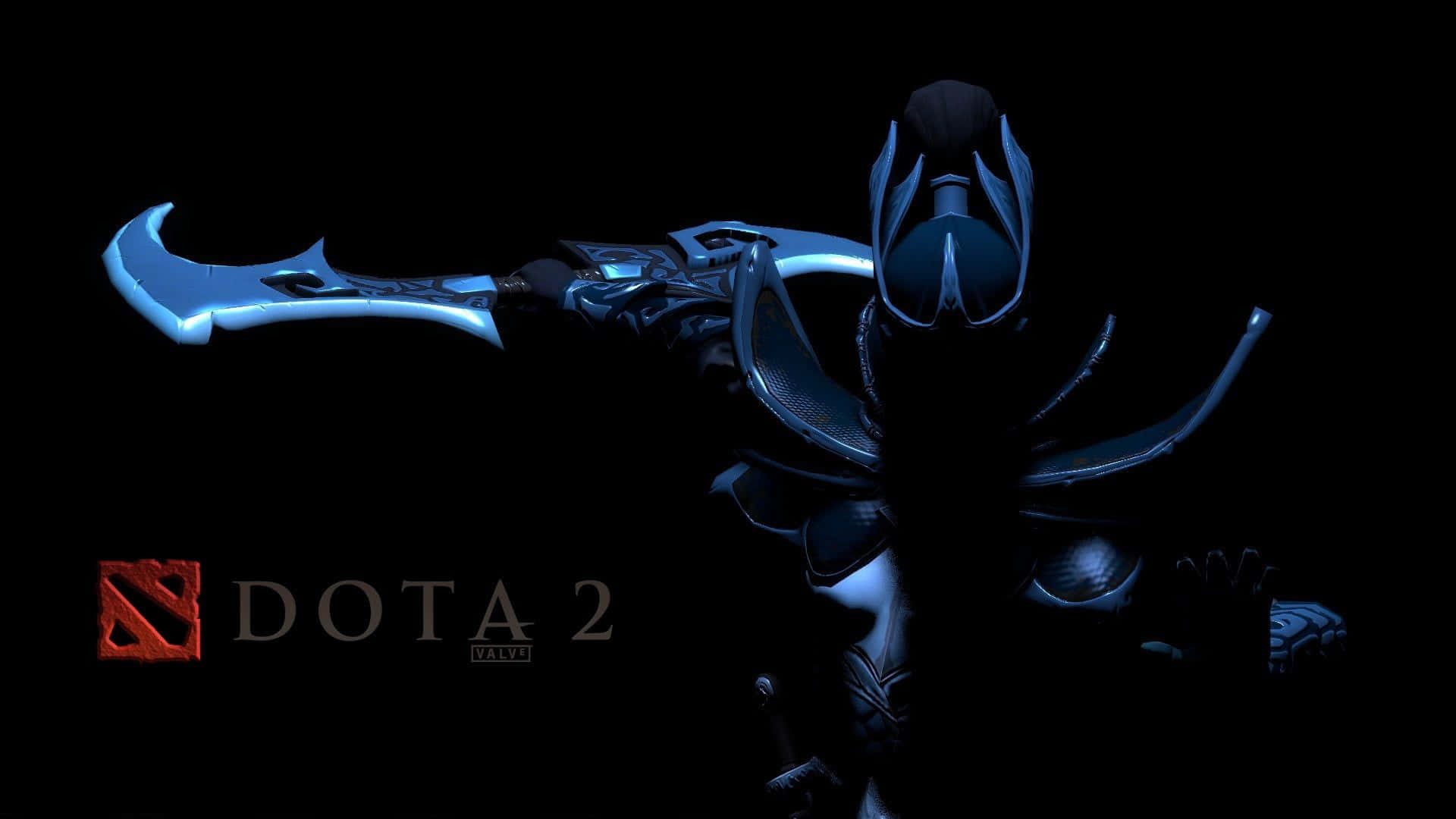 Phantom Assassin 桌布 壁紙 — 來自 Dota 2 的深藍色裝甲英雄，在黑色背景上握著一把發光的彎曲刀刃。