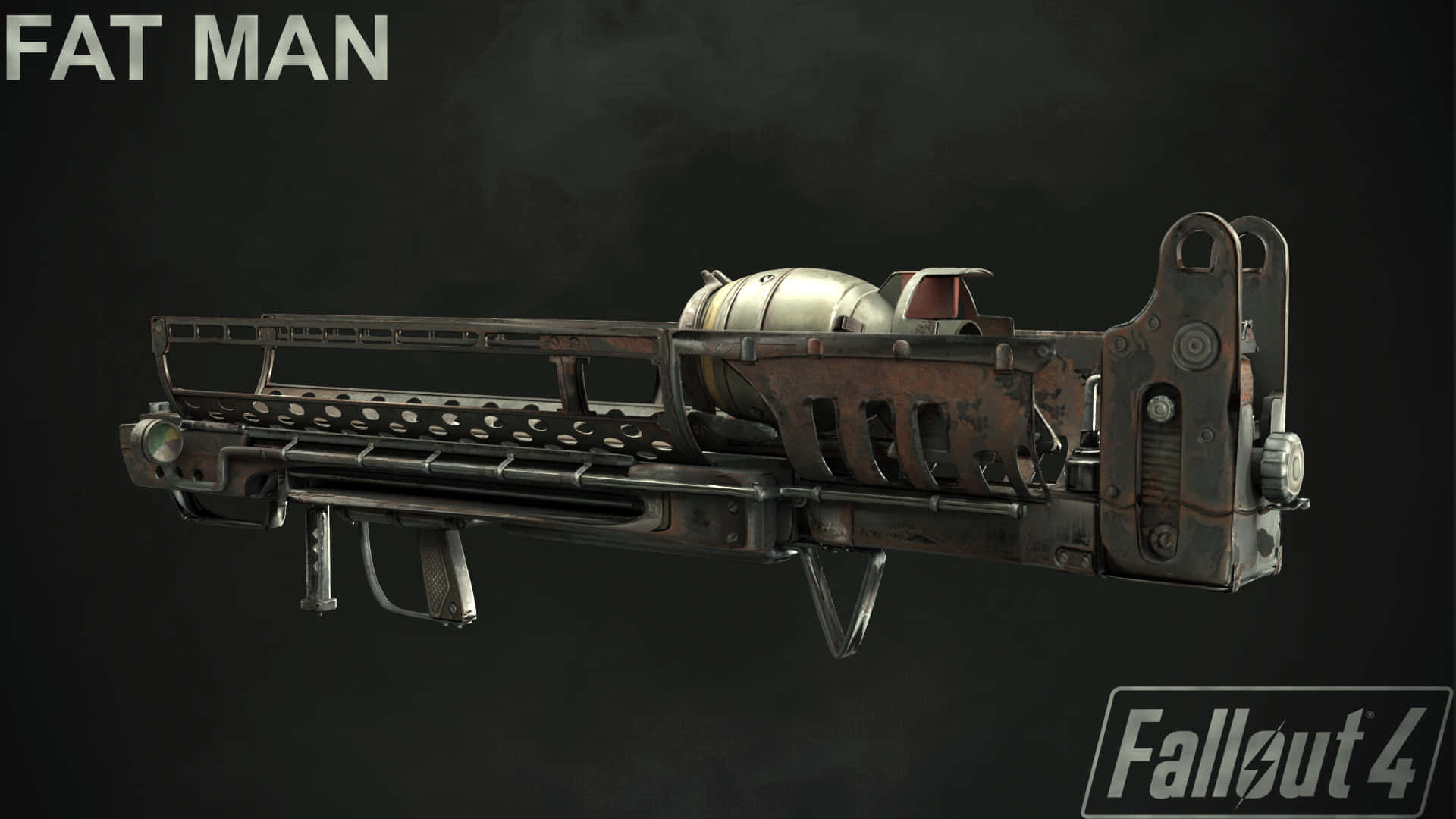 Fallout 4 Fat Man 桌布 壁紙 — 來自《Fallout 4》的鏽蝕風化 Fat Man 核武器，在深色背景上展示。