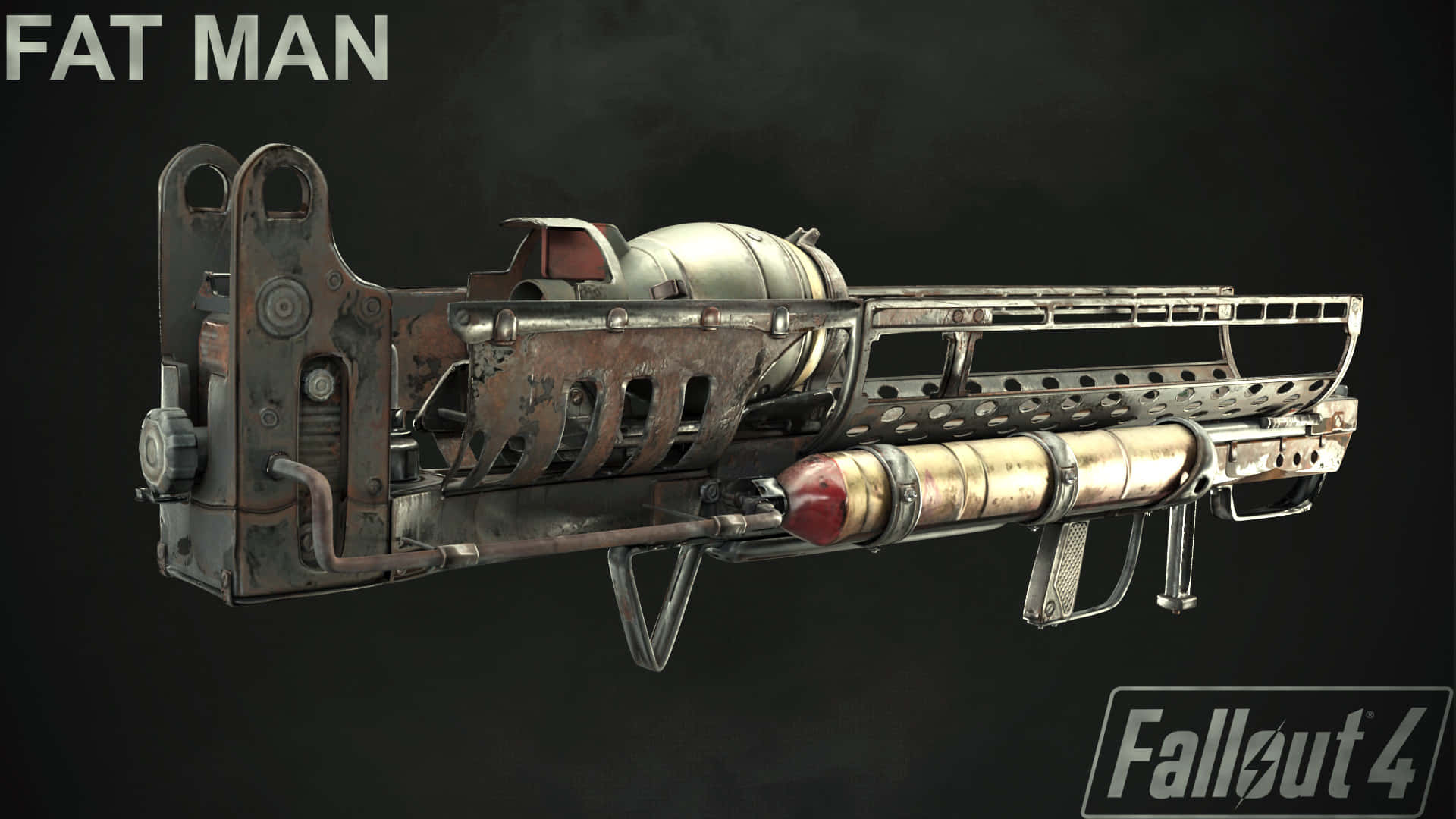Fallout 4 Fat Man 桌布 壁紙 — 來自《Fallout 4》的鏽蝕風化 Fat Man 核武器，在深色背景上展示。